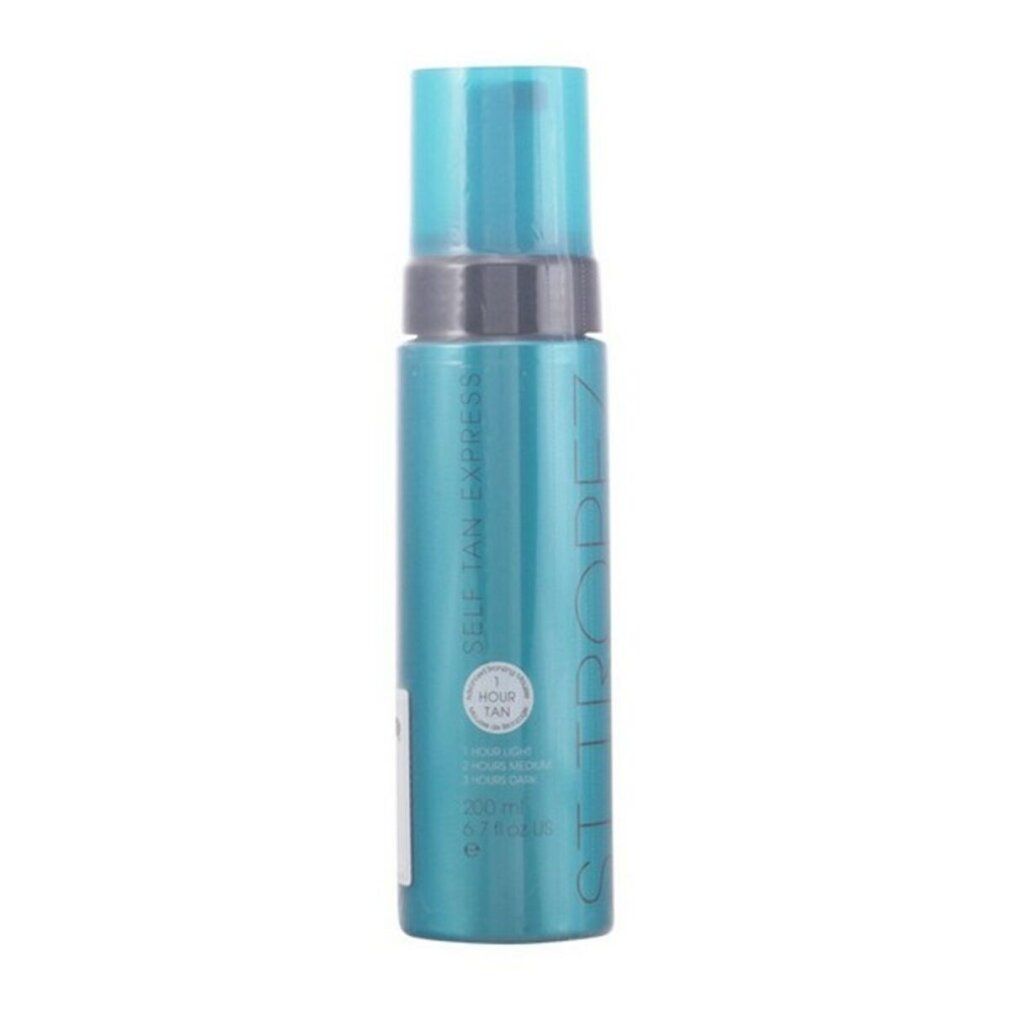 Türkisblaue Flasche mit blauem Deckel. Aufschrift: St.Tropez Self Tan Express Bronzing Mousse.