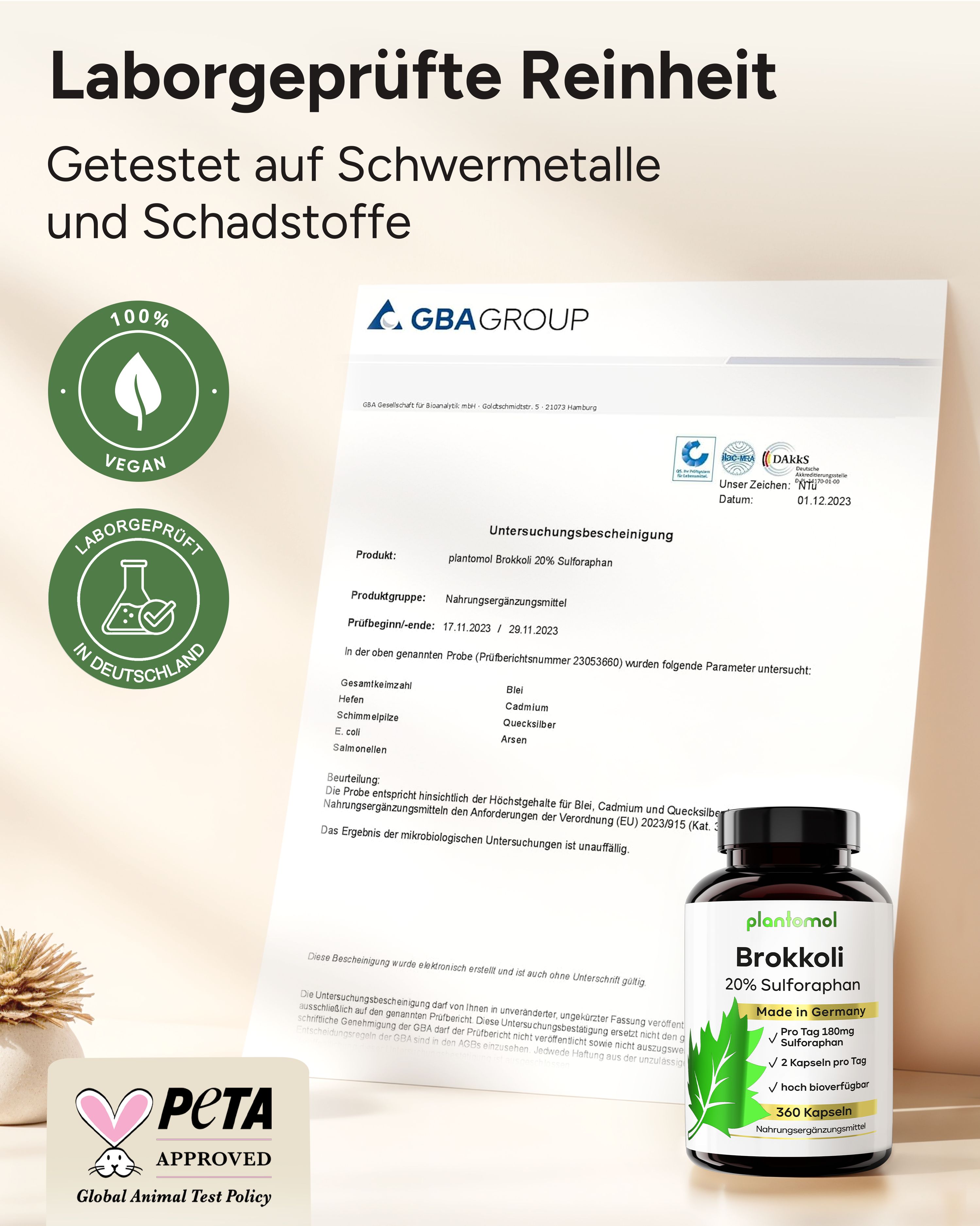 Zertifizierungsdokument und Flasche. Aufschrift: plantomol Brokkoli 20% Sulforaphan. Vegan, Laborgeprüft, PETA-Approved.