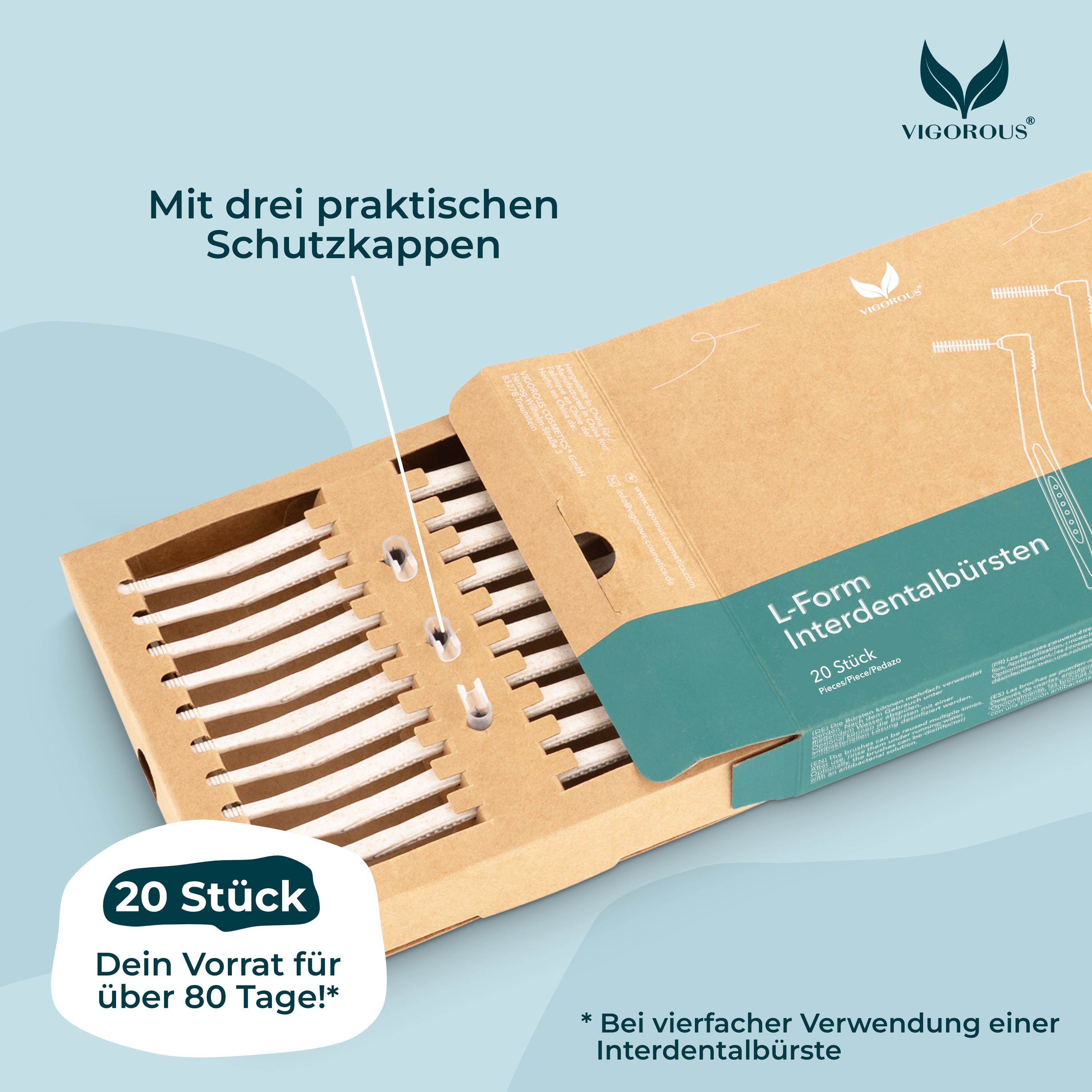Geöffnete Packung mit Interdentalbürsten. Aufschrift: 20 Stück. Mit drei Schutzkappen. Marke VIGOROUS®.