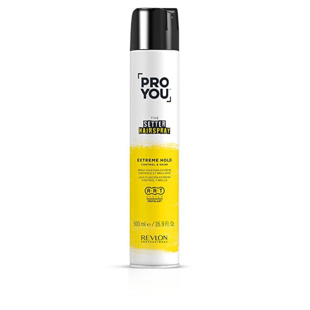 Haarspray-Dose, weiß mit schwarzem Deckel. Aufschrift: PRO YOU, THE SETTER HAIRSPRAY, EXTREME HOLD. Marke: Revlon.