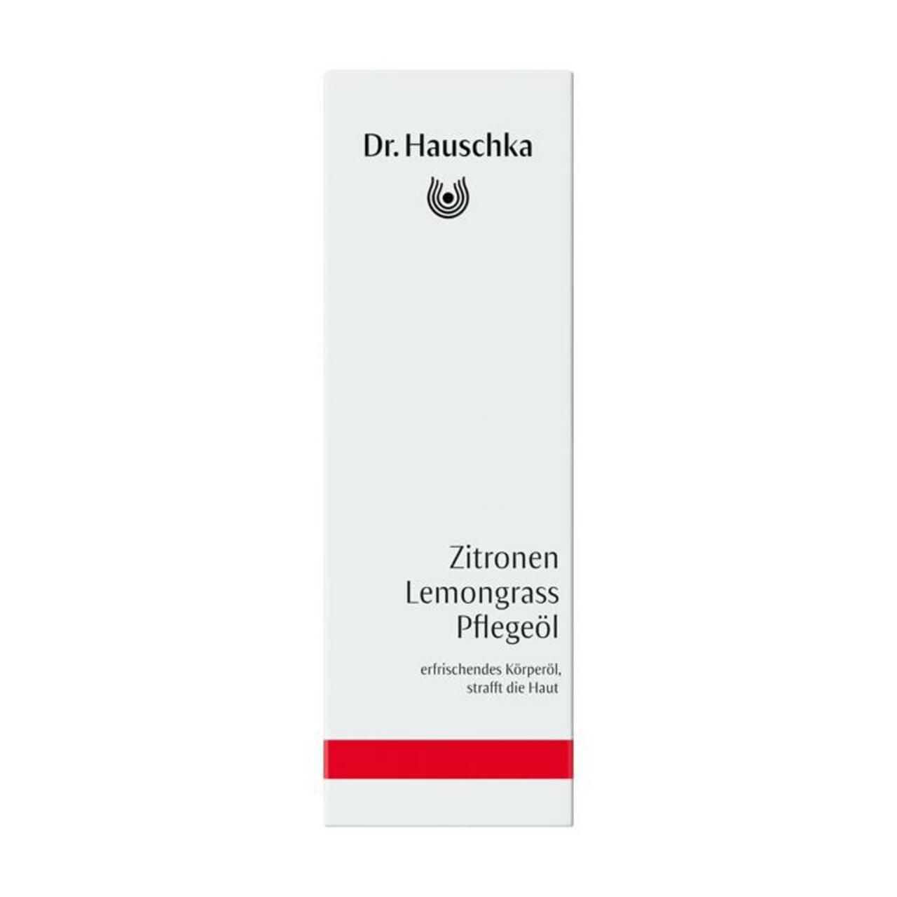 Dr. Hauschka Zitronen Lemongrass Pflegeöl. Verpackung. Weiß mit Produktnamen und rotem Streifen.