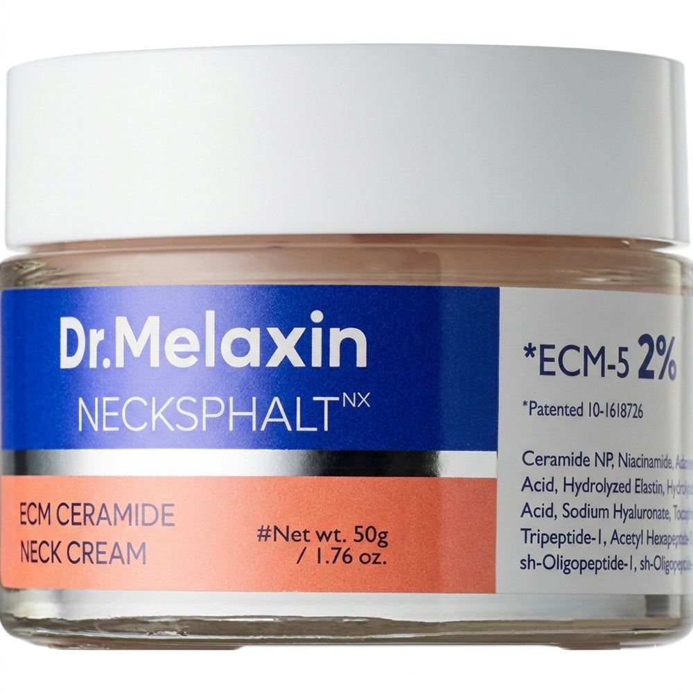 Dr. Melaxin Necksphalt ECM Ceramide Nackcreme in einem Glasbehälter mit Etikett.