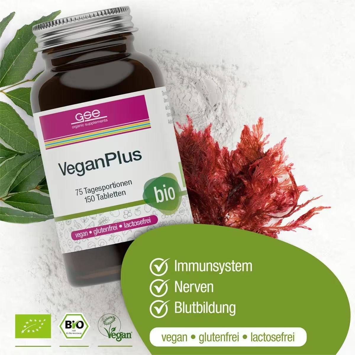 GSE VeganPlus, Tabletten in Braunglasflasche. Aufschrift: VeganPlus, bio. Vegan, glutenfrei, laktosefrei. Mit Bio-Siegel.