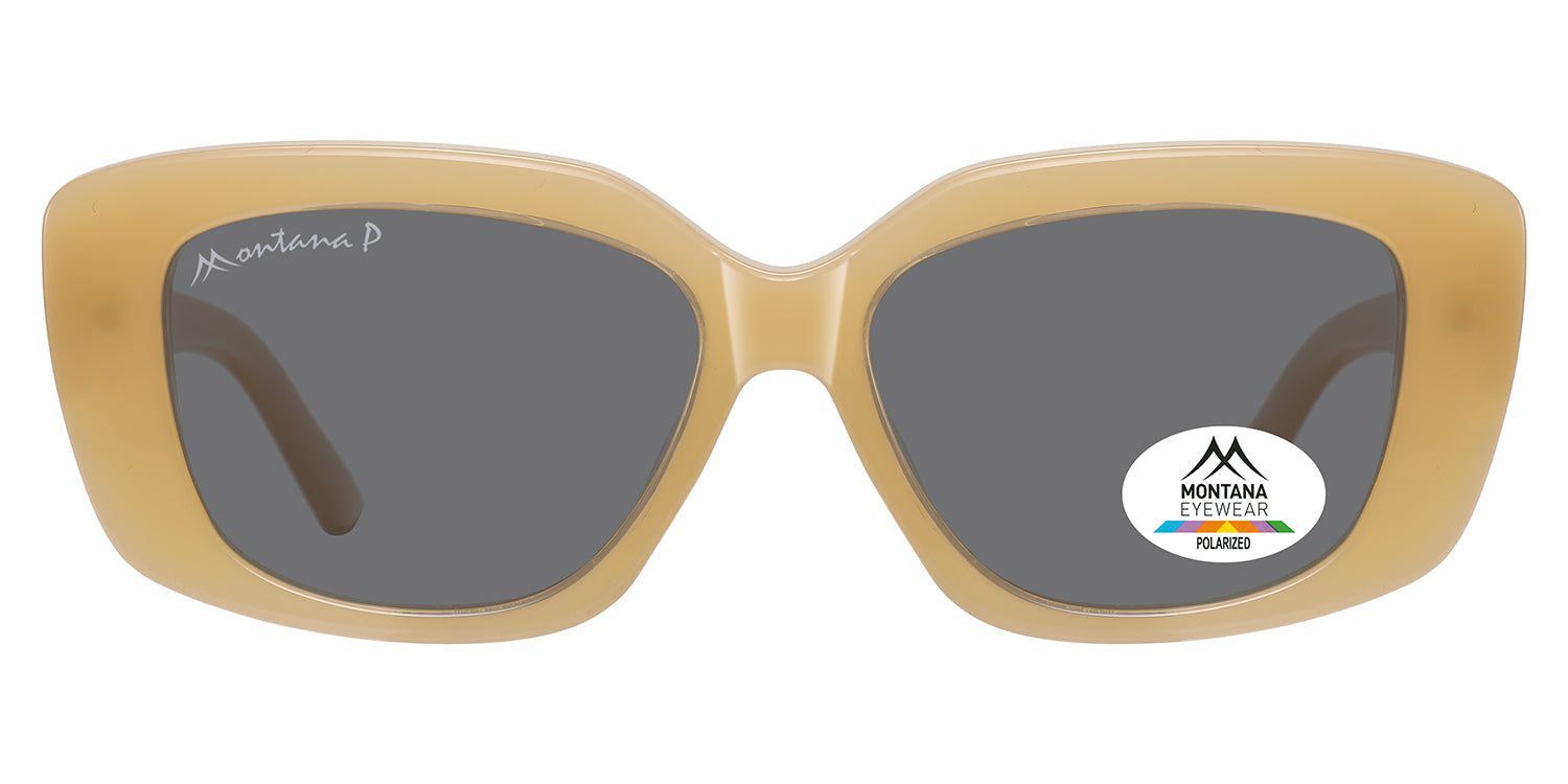 Sonnenbrille mit beigem Rahmen und grauen Gläsern. Das Montana Eyewear Logo ist auf dem linken Bügel und einem Glas zu sehen. Ein Polarized-Aufkleber ist ebenfalls vorhanden.
