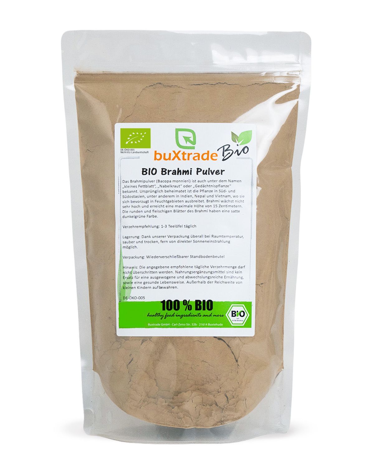 Verpackung von buXtrade Bio Brahmi Pulver mit Bio-Siegel.