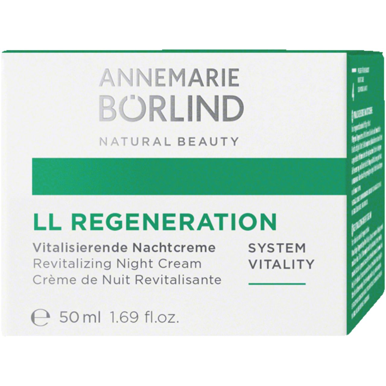 Karton mit Aufschrift: ANNEMARIE BÖRLIND, LL REGENERATION, Vitalisierende Nachtcreme. Grün-weißes Design.