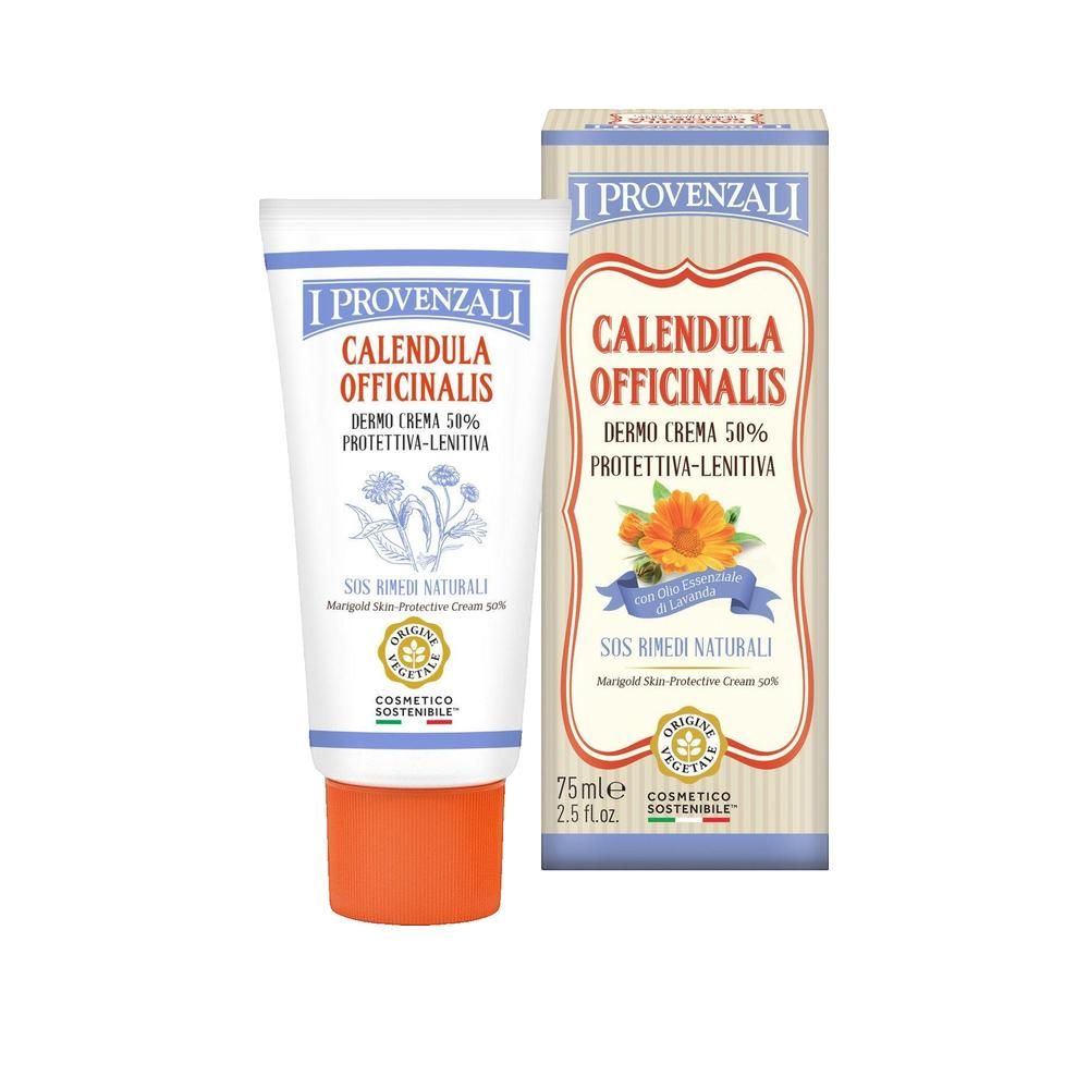 Creme-Tube und Schachtel. Beide mit Text: Calendula Officinalis, Dermo Crema 50% Protettiva-Lenitiva. Auf der Tube: SOS Rimedi Naturali.