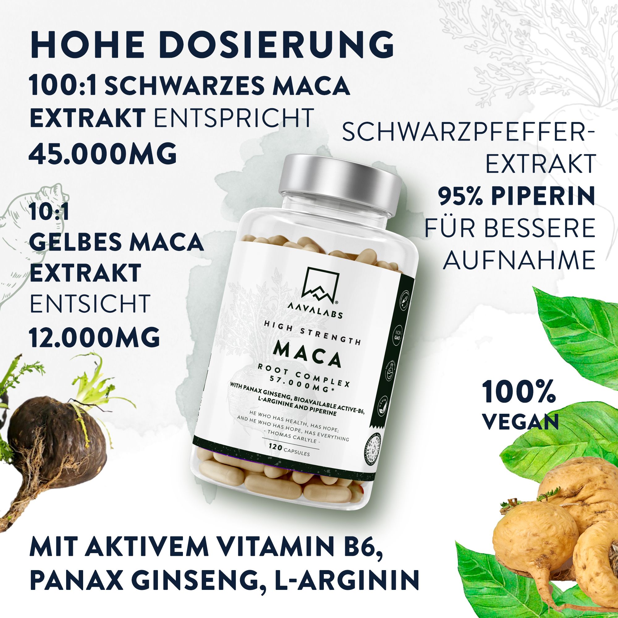 Flasche mit Kapseln, Text und Illustrationen. 100% vegan. Schwarze Maca-Wurzel.