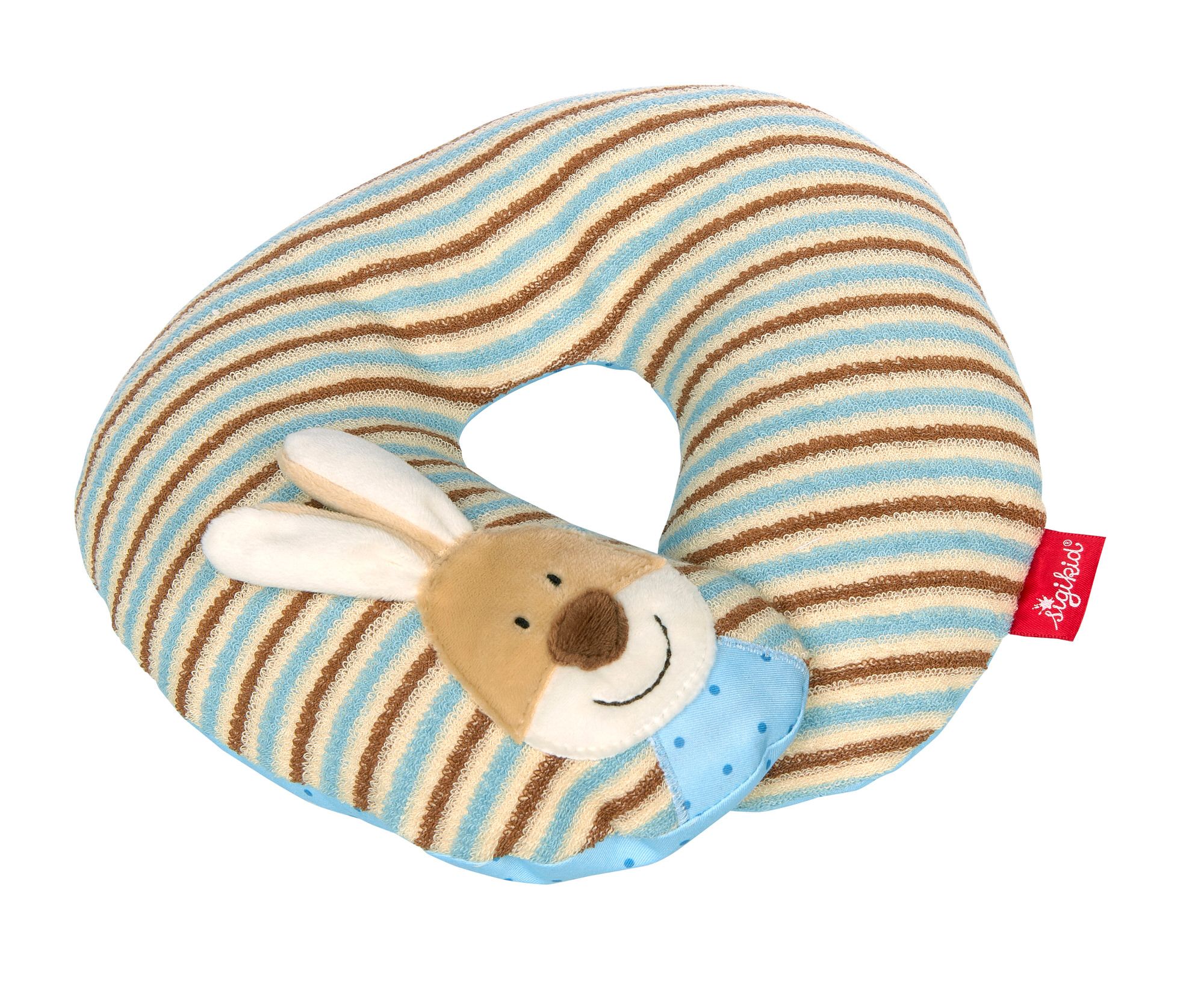 Nackenkissen mit blau-braunen Streifen und Hasen-Applikation. Rotes Label mit "sigikid"-Schriftzug.