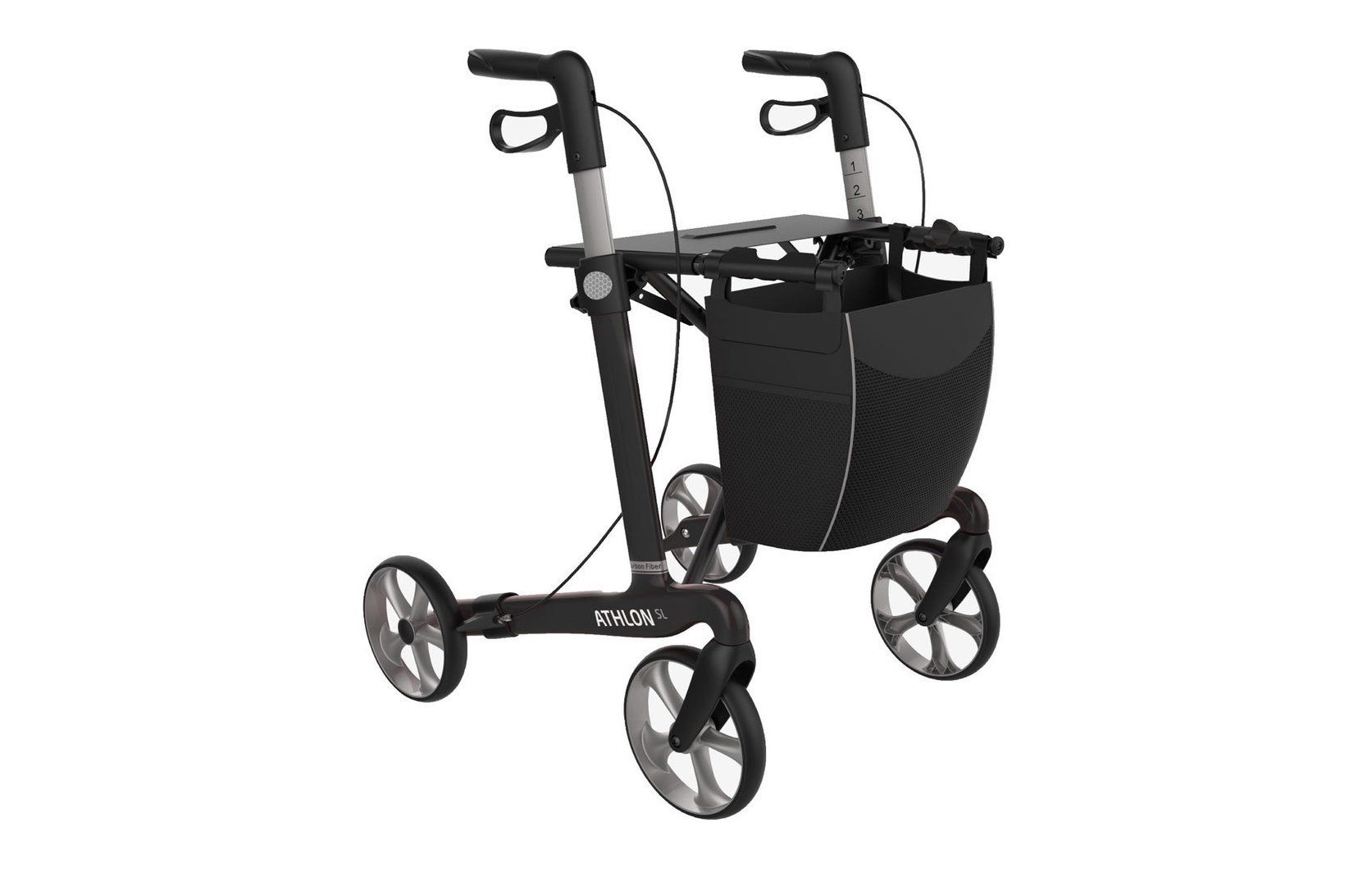Schwarzer Rollator mit vier Rädern, Einkaufskorb und Griffen. ATHLON-Schriftzug.