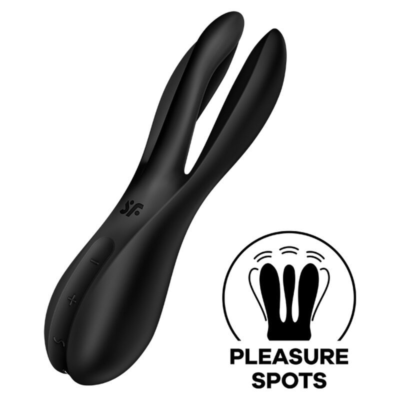 Schwarzes Wellness-Produkt mit zwei Ausläufern. Bedienelemente und Logo "SA" sichtbar. Kreis mit Text "PLEASURE SPOTS".