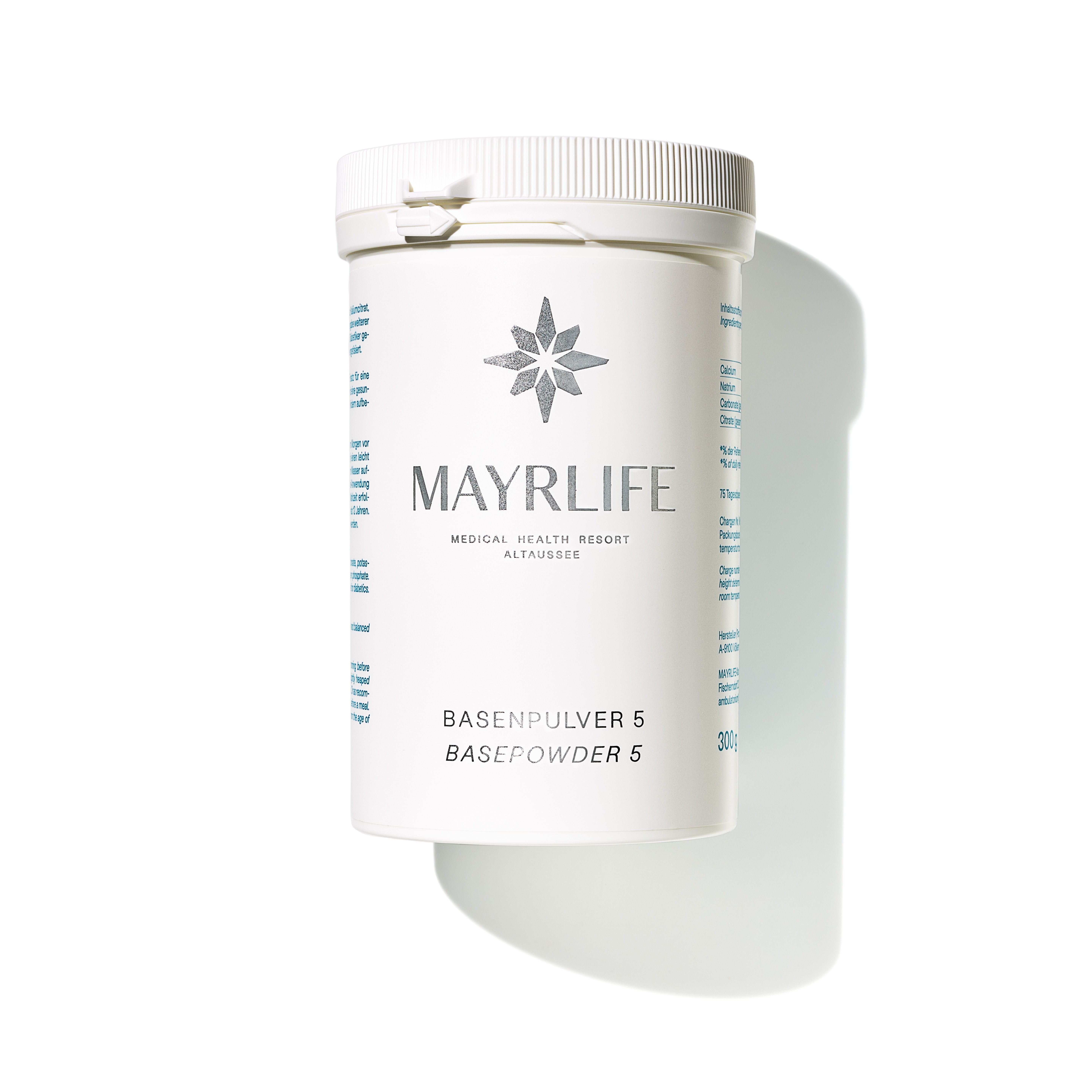 Weißes MAYRLIFE Basenpulver 5 Produkt. Zylinderförmige Dose mit Deckel. Aufschrift MAYRLIFE, Basenpulver 5, Basepowder 5.