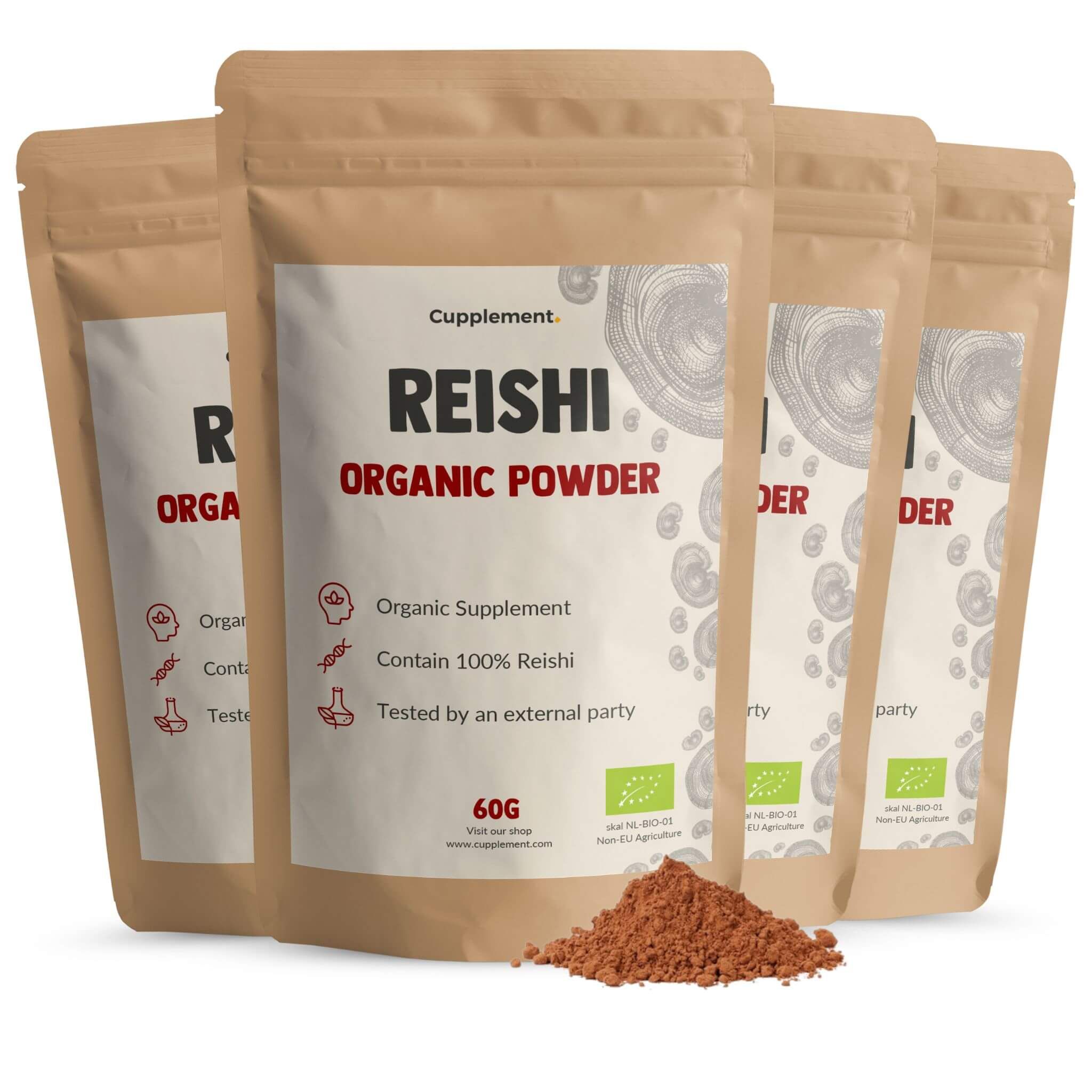Mehrere Beutel Reishi-Pulver. Braune Beutel mit weißem Etikett. Text: Reishi Organic Powder, 60g. Braunes Pulver daneben.