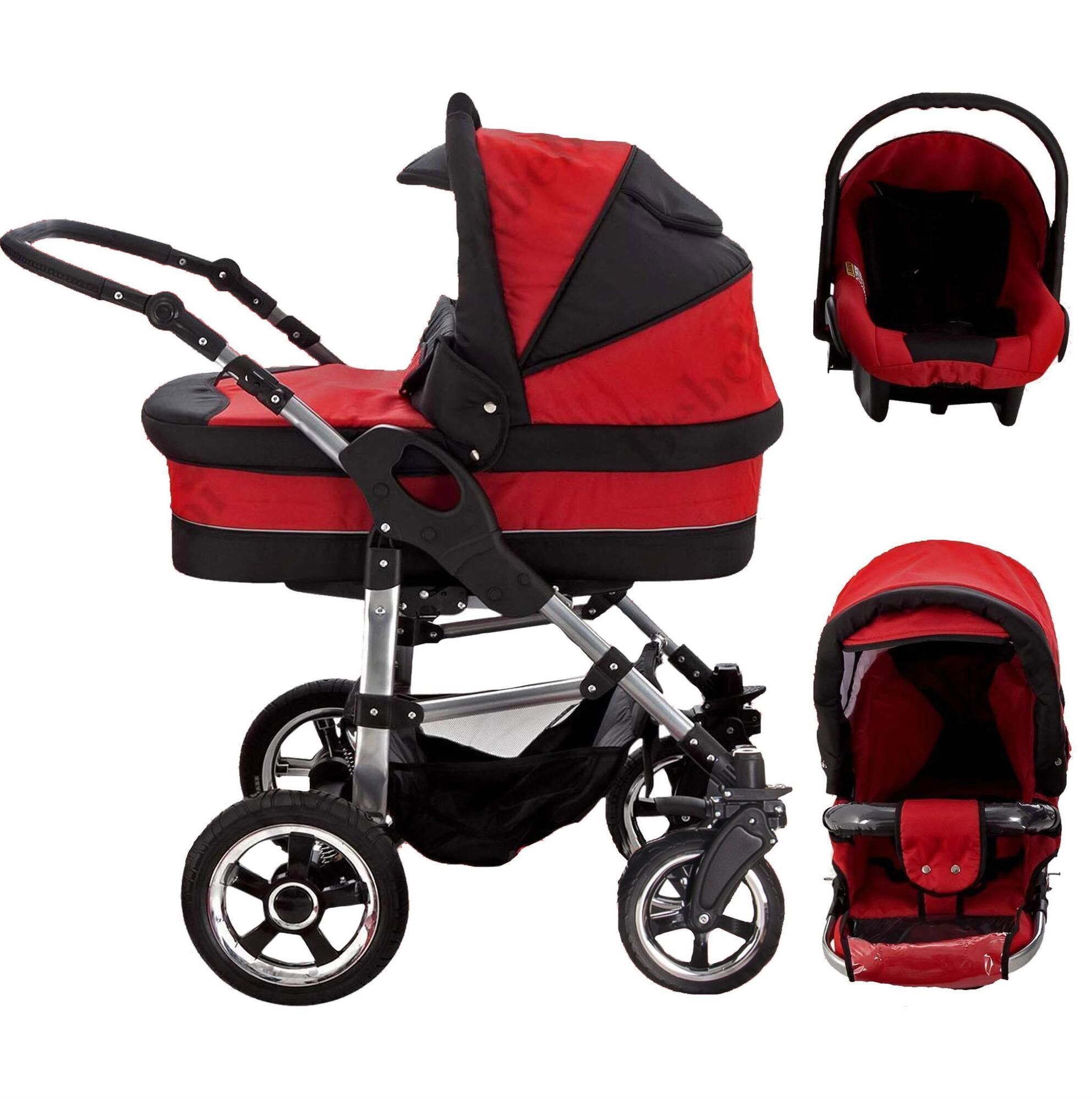 Kinderwagen-Set, rot-schwarz. Enthält Babywanne, Autositz und Sportwagenaufsatz. Silbernes Gestell, schwarzer Korb.