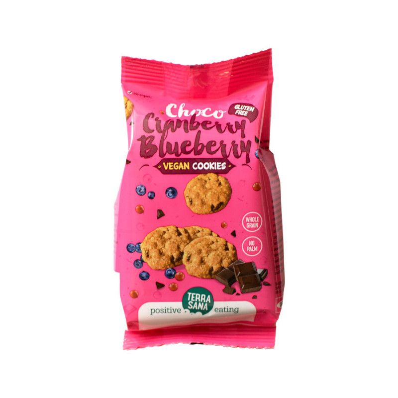 Verpackung mit Keksen. Aufschrift: Choco Cranberry Blueberry Vegan Cookies. Marke: Terrasana. Glutenfrei.