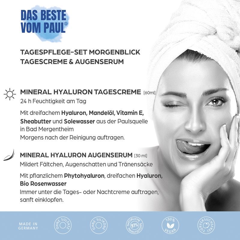 Werbefoto mit Frau und Produktinformationen. Text: Tagespflege-Set Morgenblick, Mineral Hyaluron Tagescreme, Mineral Hyaluron Augenserum.