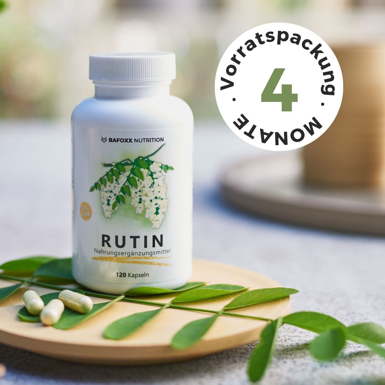 Weiße Flasche mit "Rutin"-Kapseln. 120 Kapseln. 4-Monats-Packung.