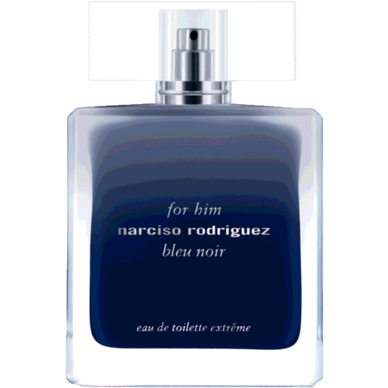 Rechteckige Flasche mit Farbverlauf von dunkelblau nach transparent. Aufschrift: For Him Narciso Rodriguez Bleu Noir, Eau de Toilette Extrême.