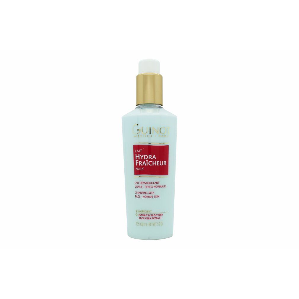 Hellblaue Flasche mit goldfarbenem Pumpkopf. Rotes Etikett mit weißer Schrift: Lait Hydra Fraicheur. Guinot-Logo.
