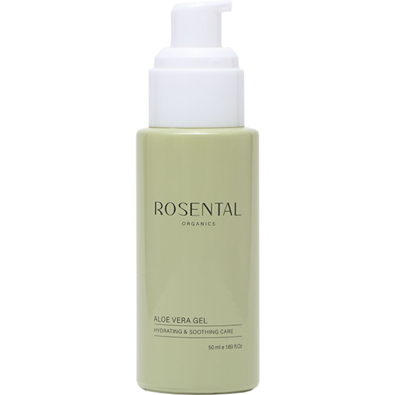 Grüne Flasche mit weißem Pumpkopf. Aufschrift: Rosental Organics, Aloe Vera Gel, Hydrating & Soothing Care.
