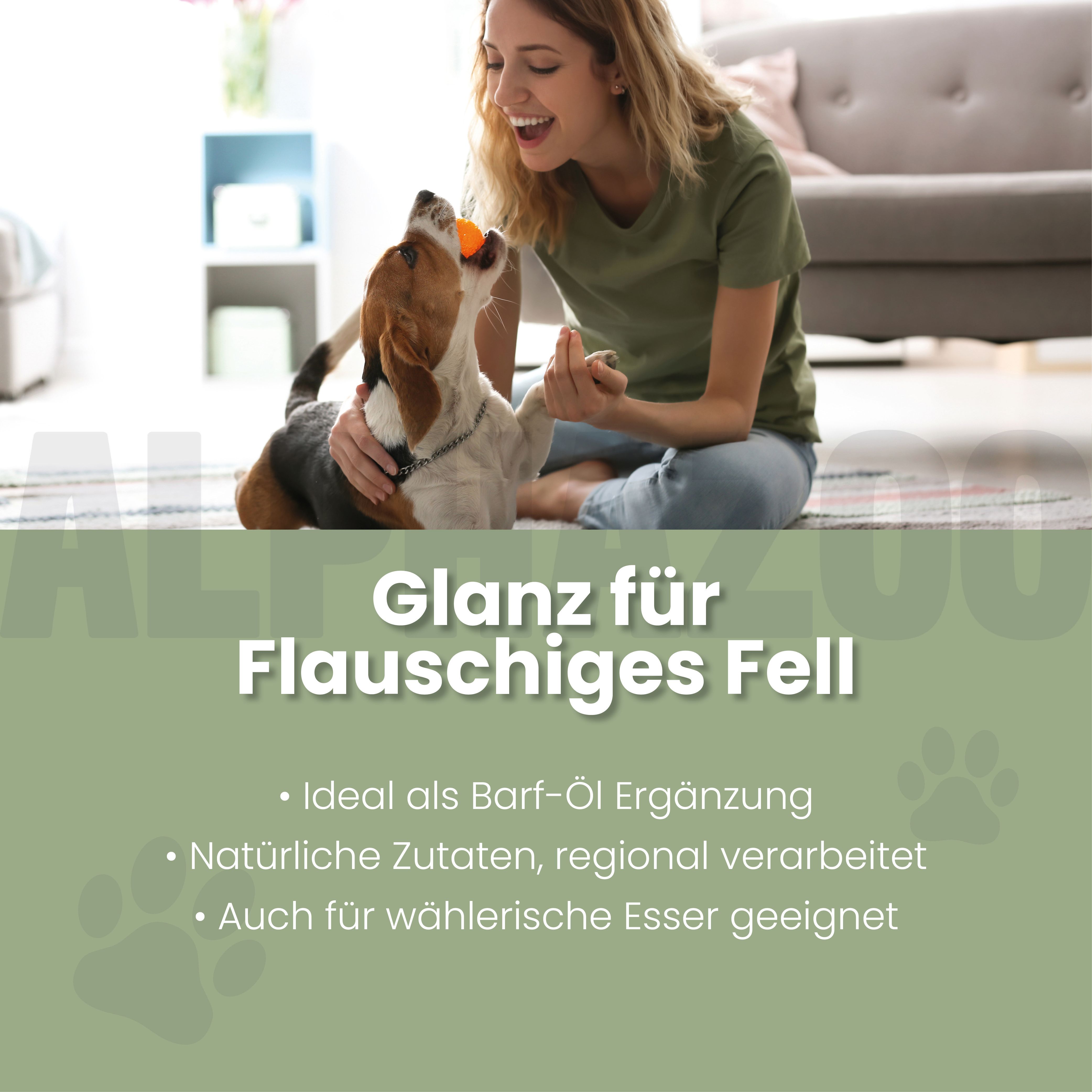 Frau und Hund spielen. Text: Glanz für flauschiges Fell. Ideal als Barf-Öl Ergänzung. Natürliche Zutaten.