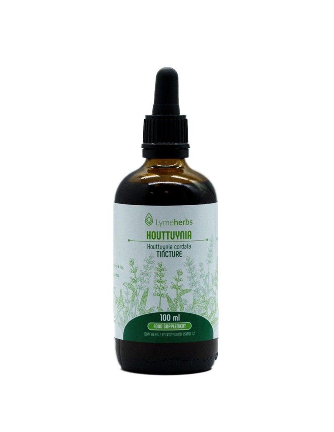 Braune Glasflasche mit schwarzem Deckel und Pipette. Weißes Etikett mit grüner Schrift: Houttuynia, Tincture. Lymeherbs Logo.