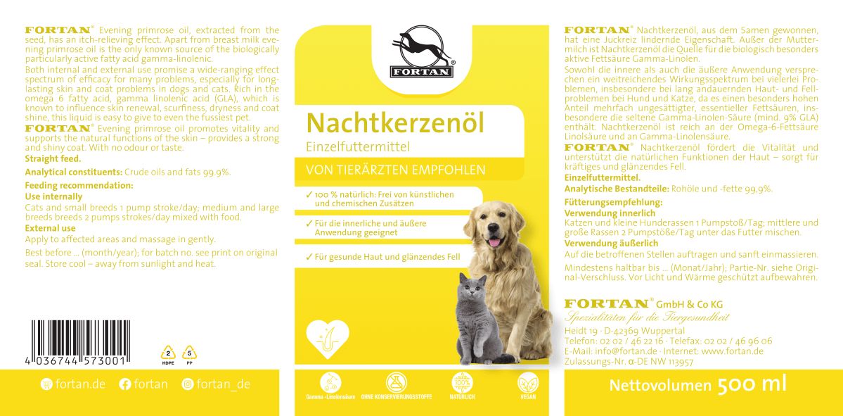Etikett FORTAN Nachtkerzenöl. Gelb mit Logo, Text und Abbildung von Hund und Katze. Text in Deutsch. 500 ml.