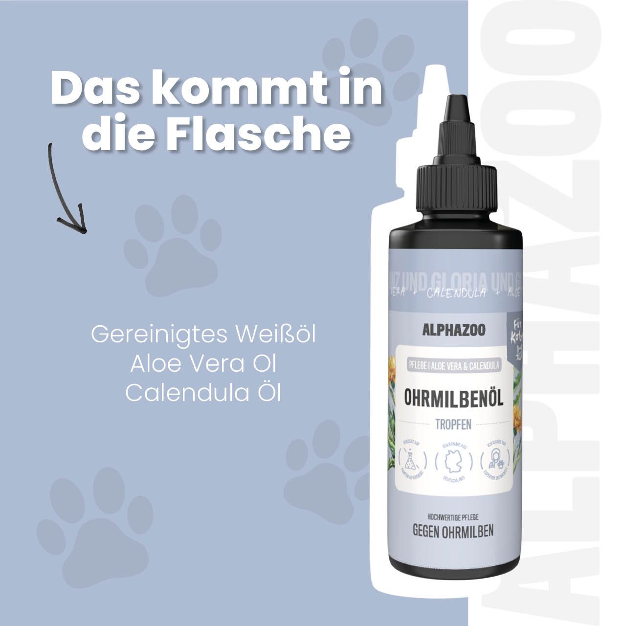 Flasche mit Ohrmilbenöl für Katzen, mit Aloe Vera und Calendula.