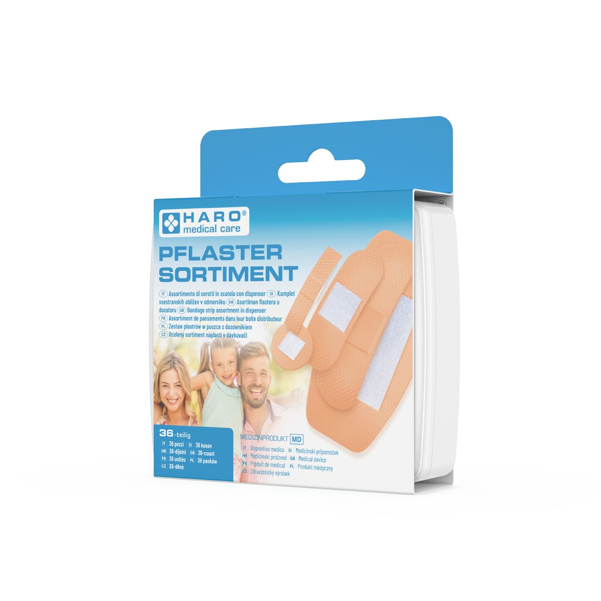 Haro Pflaster-Sortiment in Verpackung. Blisterpackung mit Pflastern, Familienfoto, Logo und Produktbezeichnung.