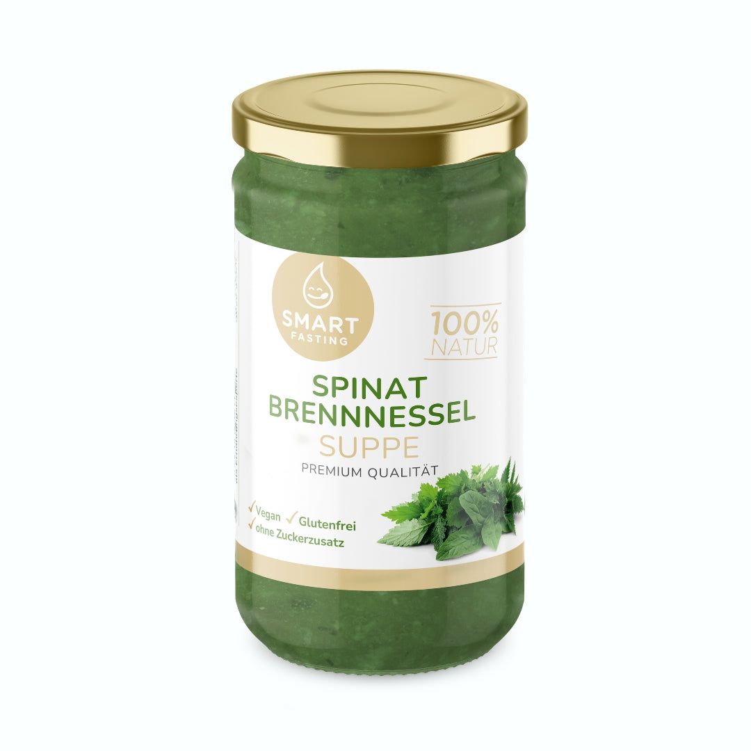 Glas Spinat Brennnessel Suppe. Grün, goldener Deckel. Text: Smart Fasting, Premium Qualität, vegan, glutenfrei, ohne Zuckerzusatz.