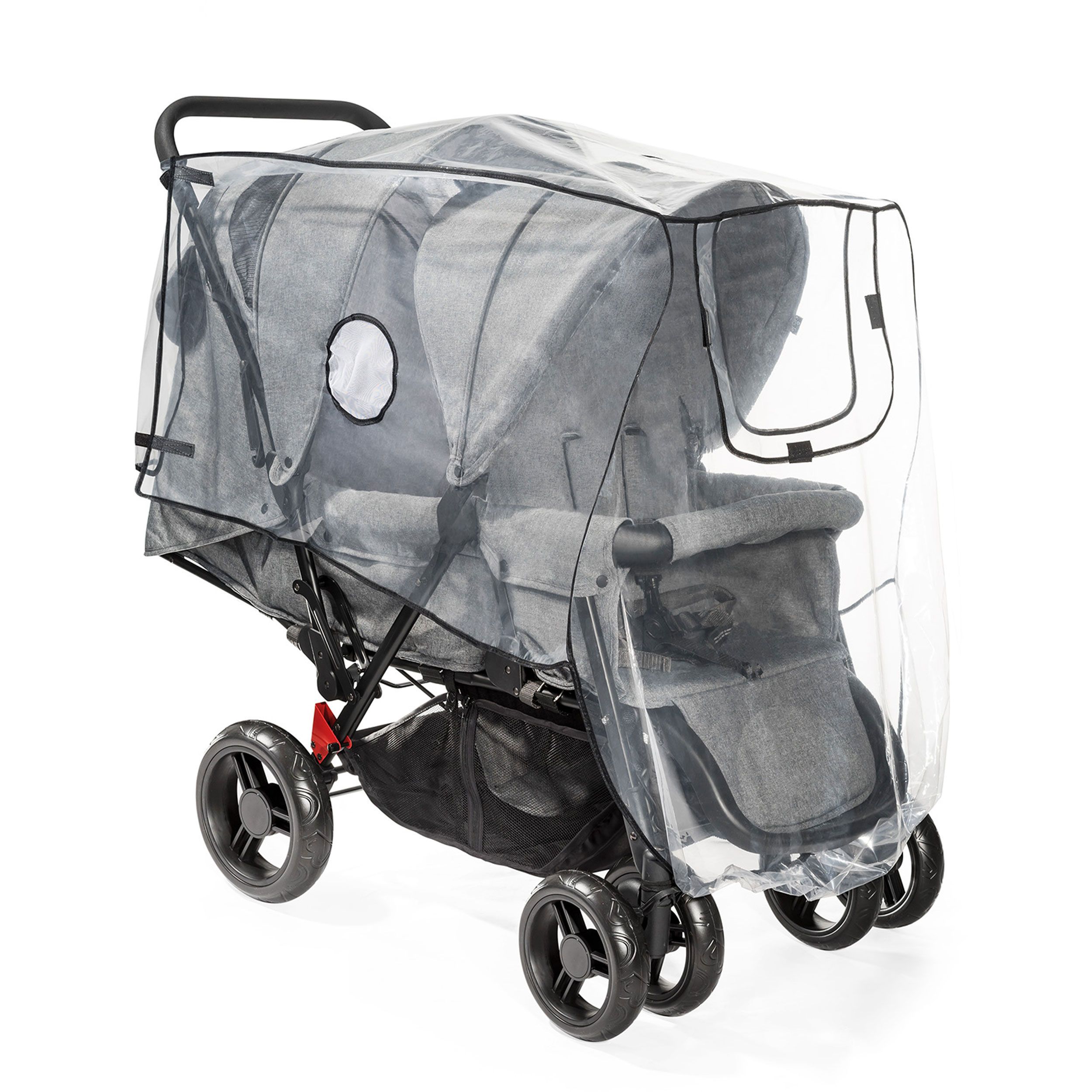 Doppelkinderwagen mit Regenschutz. Der Regenschutz ist transparent und bedeckt den gesamten Wagen.
