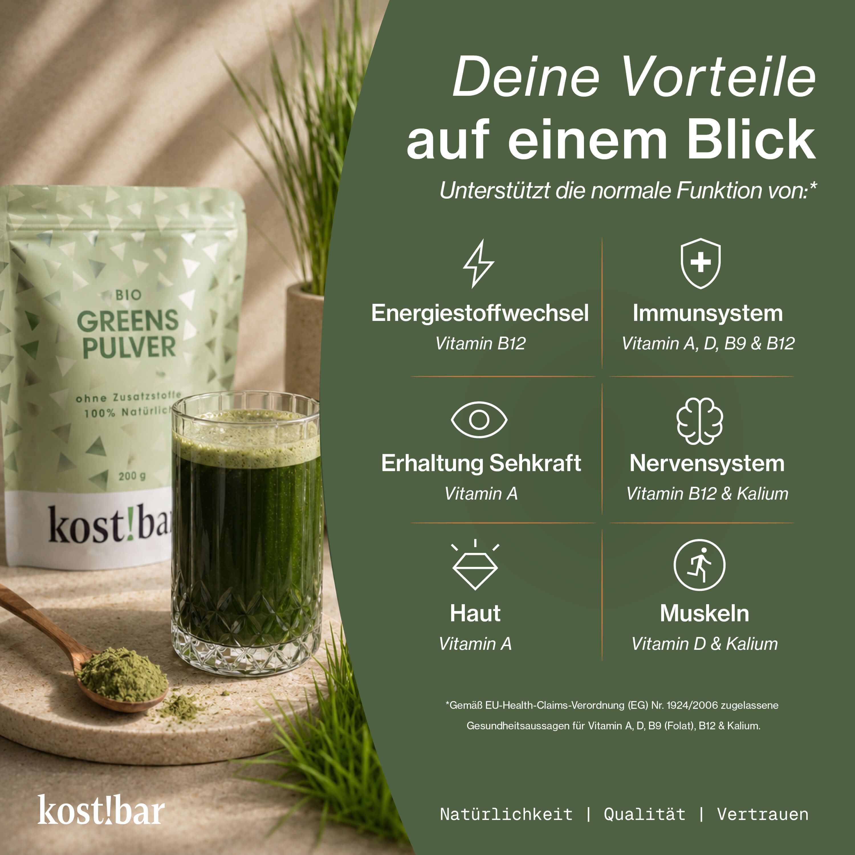 Beutel, Glas mit grünem Getränk und Löffel mit Pulver. Vorteile für Energie, Immunsystem, Haut.