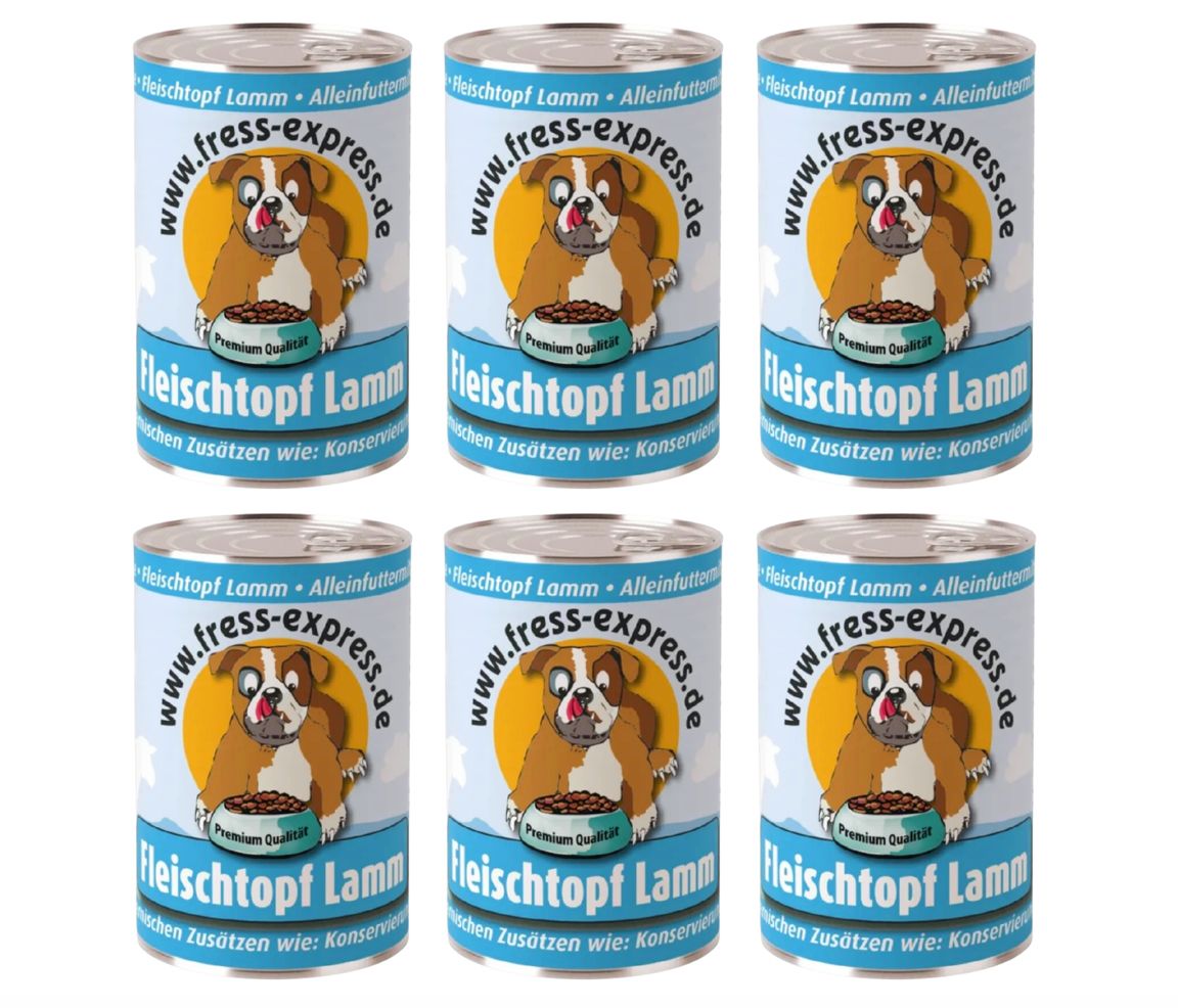 Sechs Dosen Fress-express Fleischtopf Lamm. Etikett mit Hund, Text: Fleischtopf Lamm, Premium Qualität, ohne Zusätze.