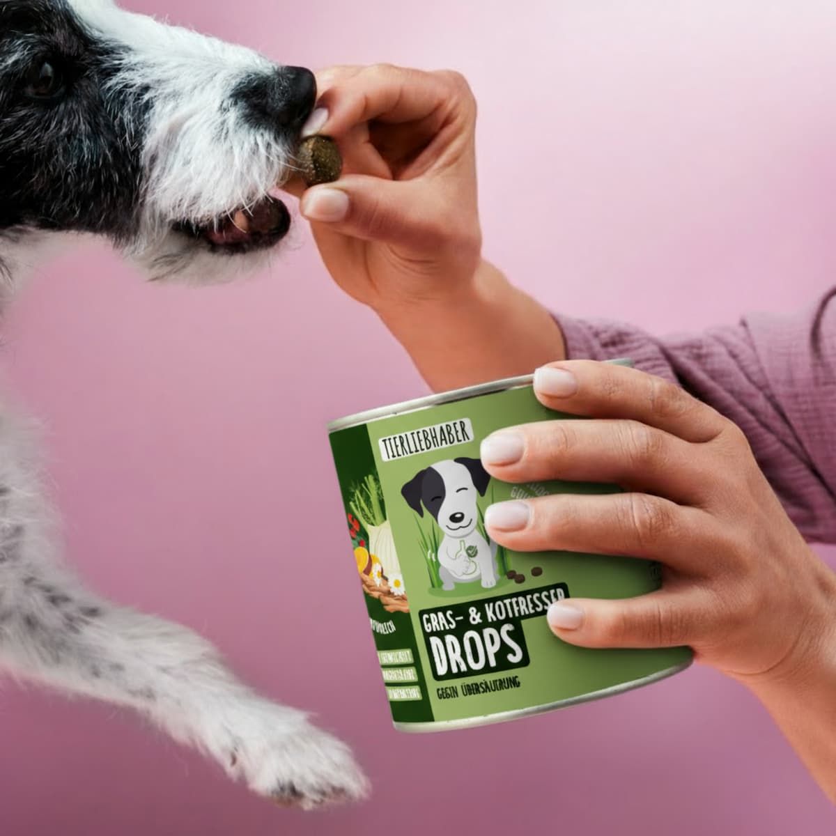 Hand hält grüne Dose und gibt einem Hund einen Drop. Aufschrift: Gras- & Kotfresser Drops. Hund im Hintergrund.