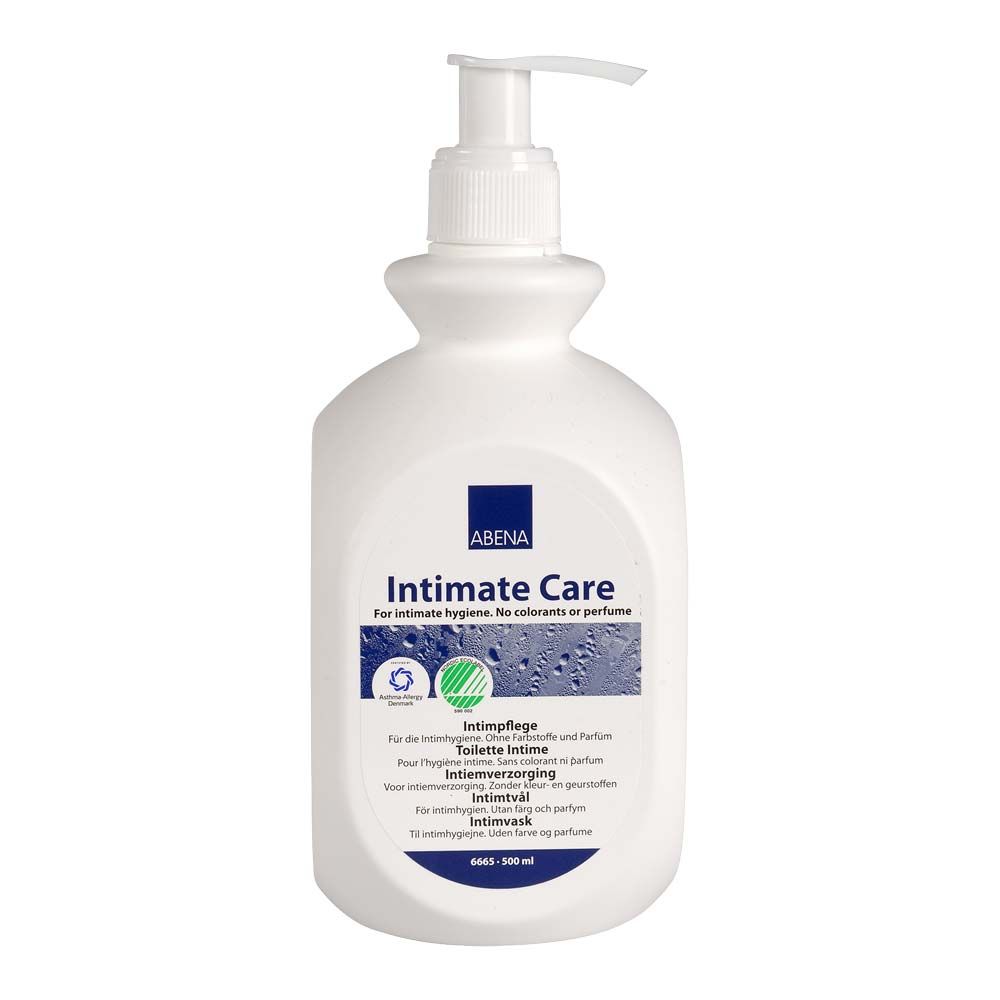 Weiße Flasche mit Pumpverschluss. Aufschrift: Intimate Care, Abena. Mehrsprachiger Text: Intimpflege, Toilette intime, Intiemverzorging, Intimtvål, Intimvask.