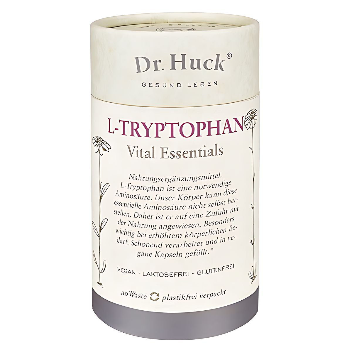 Zylindrische Verpackung mit "Dr. Huck L-Tryptophan" und Produktinformationen. Vegan, laktosefrei, glutenfrei. Beige mit floralen Illustrationen und silbernem Deckel.