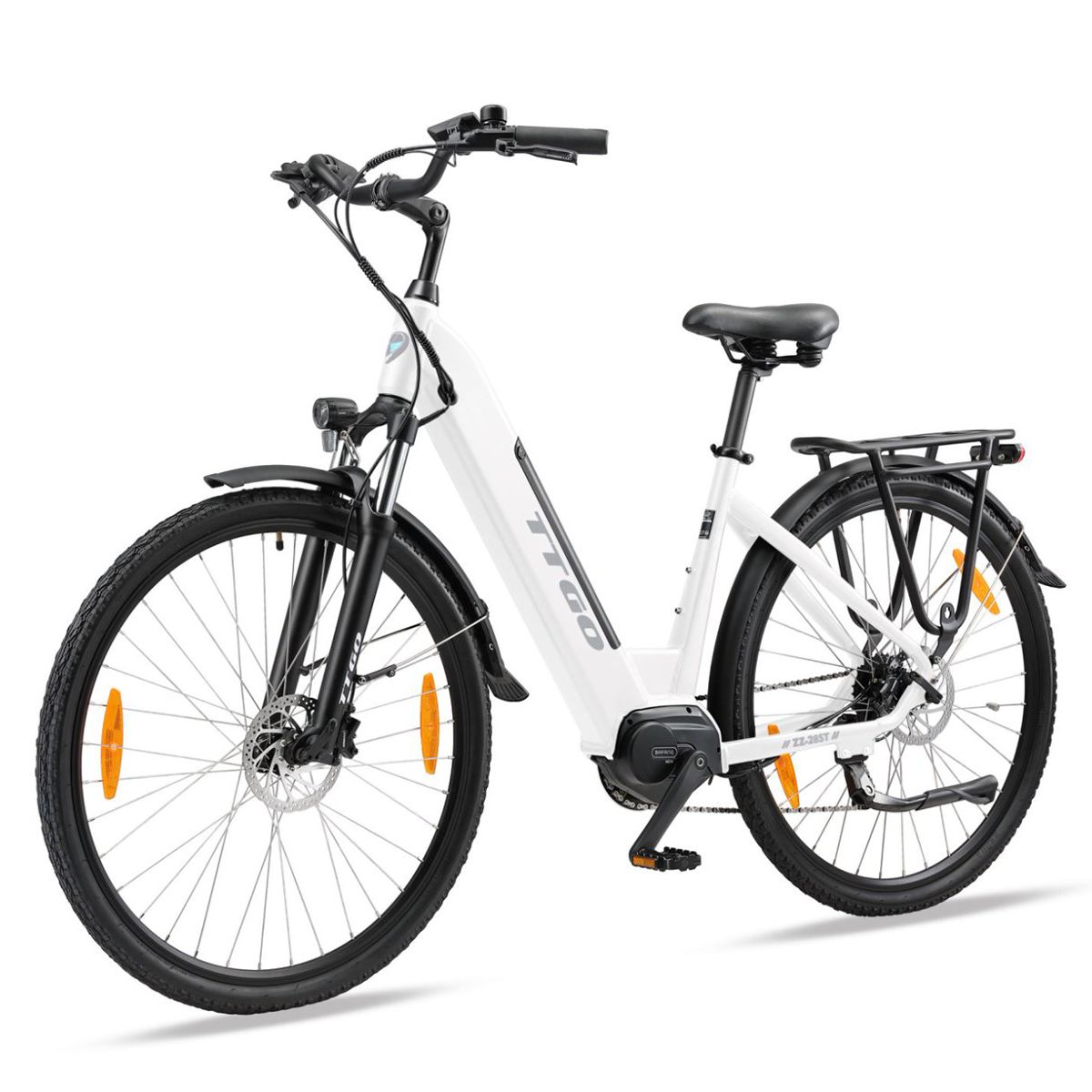 Weißes E-Bike mit schwarzen Reifen und Gepäckträger. TTGO-Logo auf dem Rahmen.