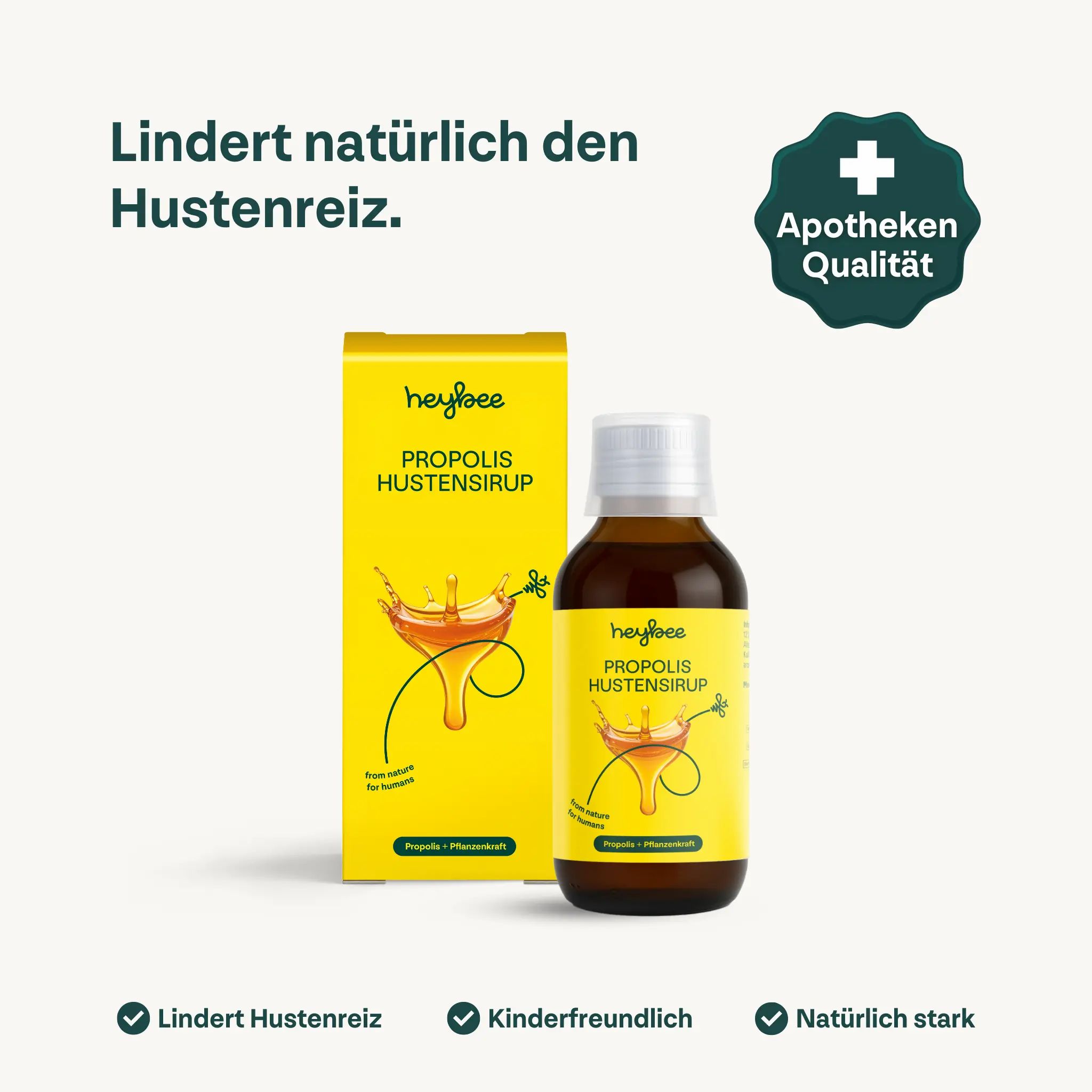 Gelbe Schachtel und Flasche Heybee Propolis Hustensirup. Apotheken Qualität. Lindert Hustenreiz. Kinderfreundlich. Natürlich stark.