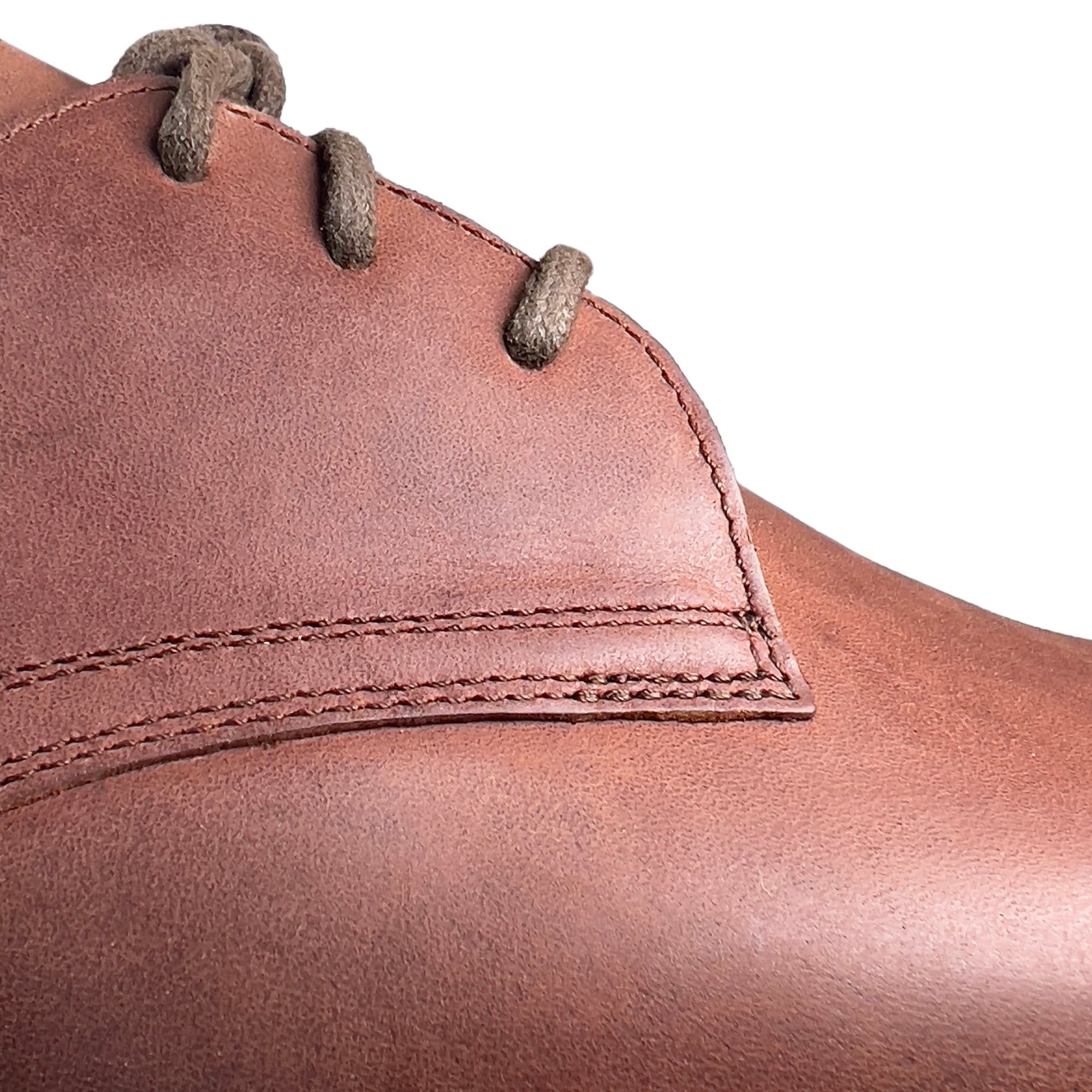 Detailaufnahme eines braunen Lederschnürschuhs. Schnürsenkel und Nähte sichtbar. Auf hellem Hintergrund.