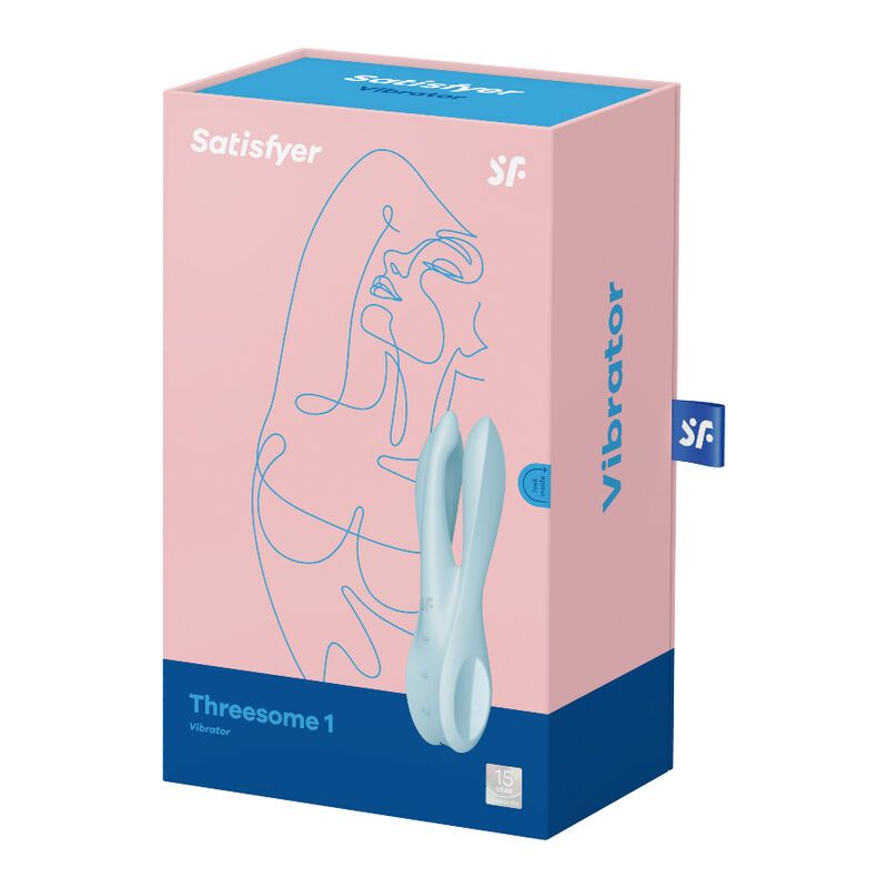 Verpackung von Satisfyer Threesome 1 Vibrator. Rosa, blau und weiß. Produkt und Logo sichtbar.