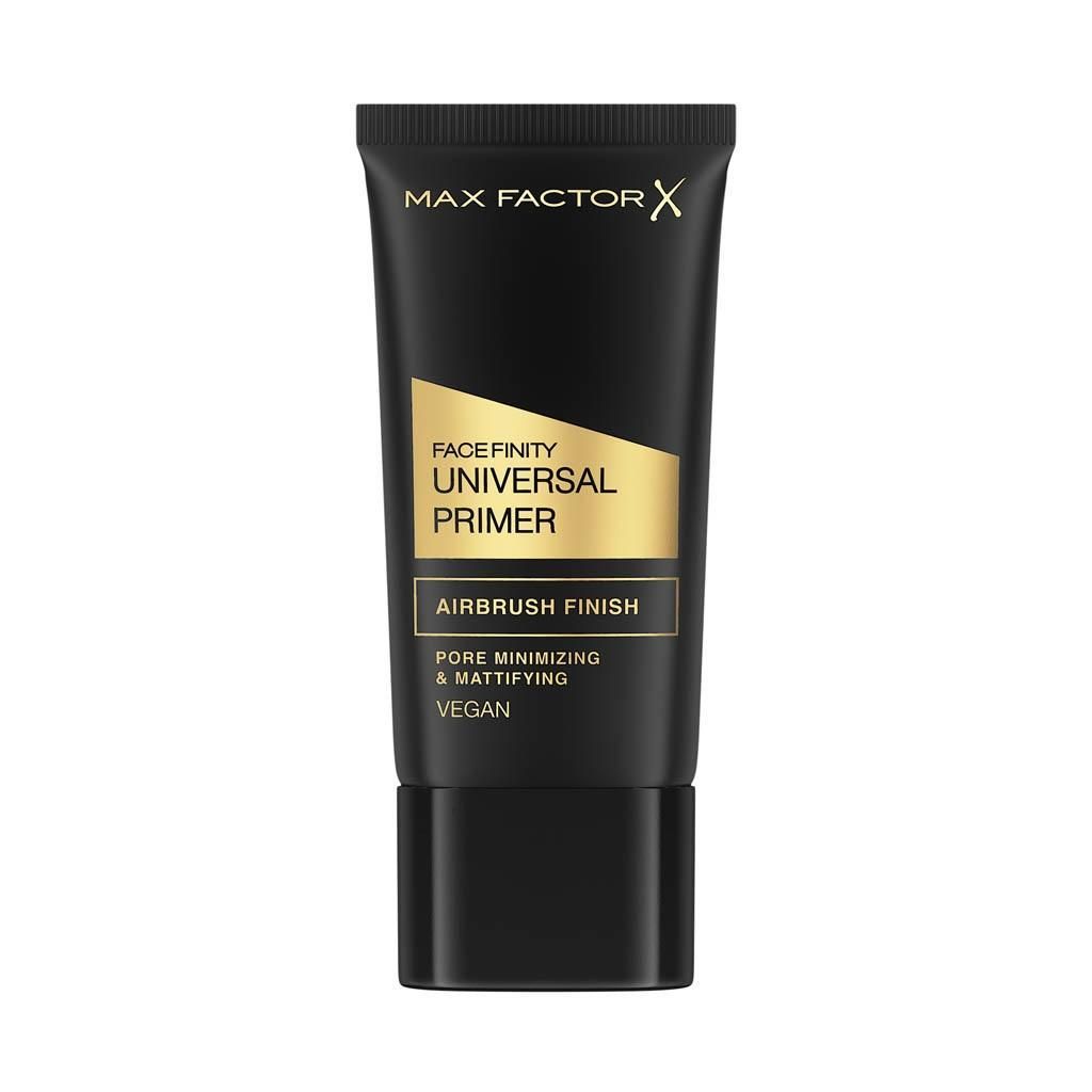 Schwarze Tube mit goldfarbenem Etikett. Aufschrift: MAX FACTOR, FACEFINITY UNIVERSAL PRIMER, AIRBRUSH FINISH, PORE MINIMIZING & MATTIFYING, VEGAN.