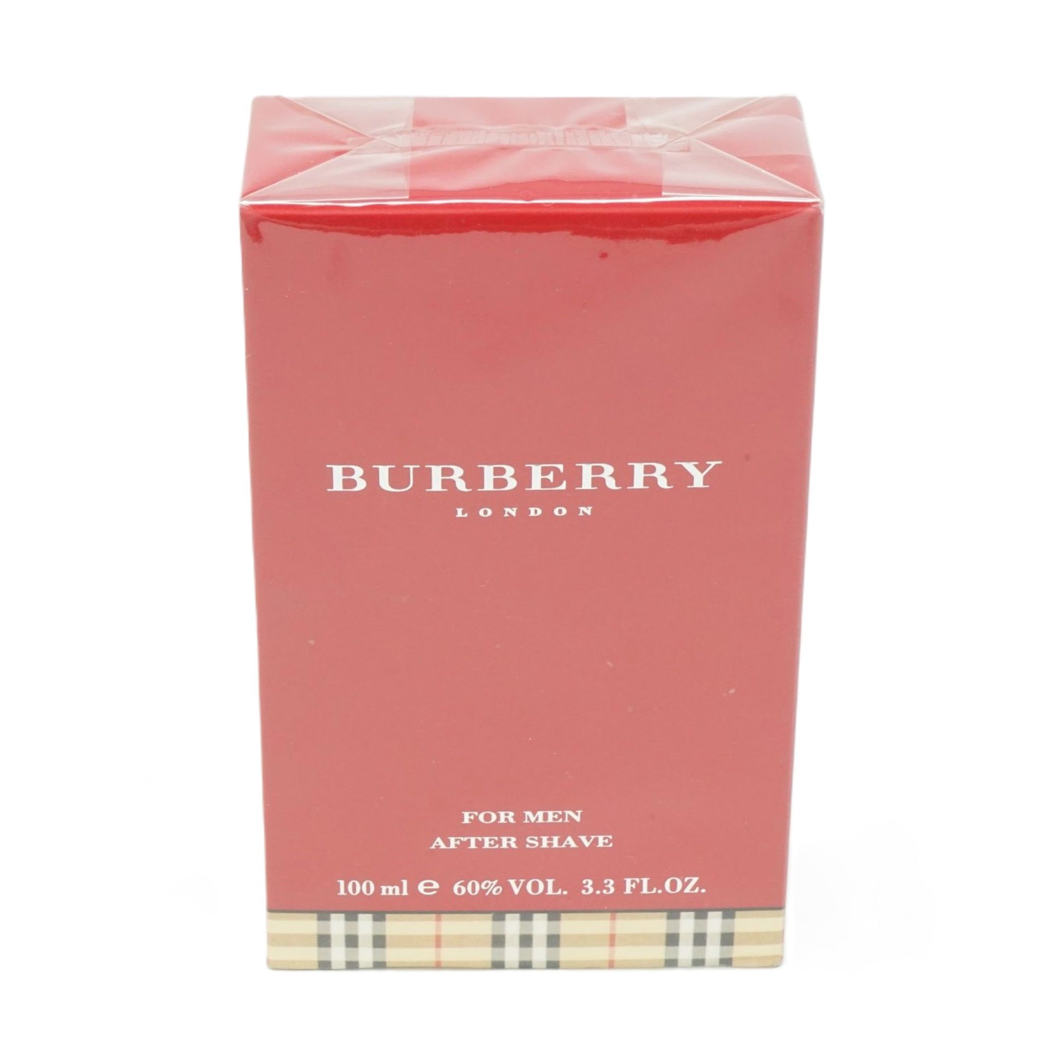 Rote Verpackung mit Burberry-Logo und Schriftzug "FOR MEN AFTER SHAVE". Unten kariertes Muster. Volumenangabe.