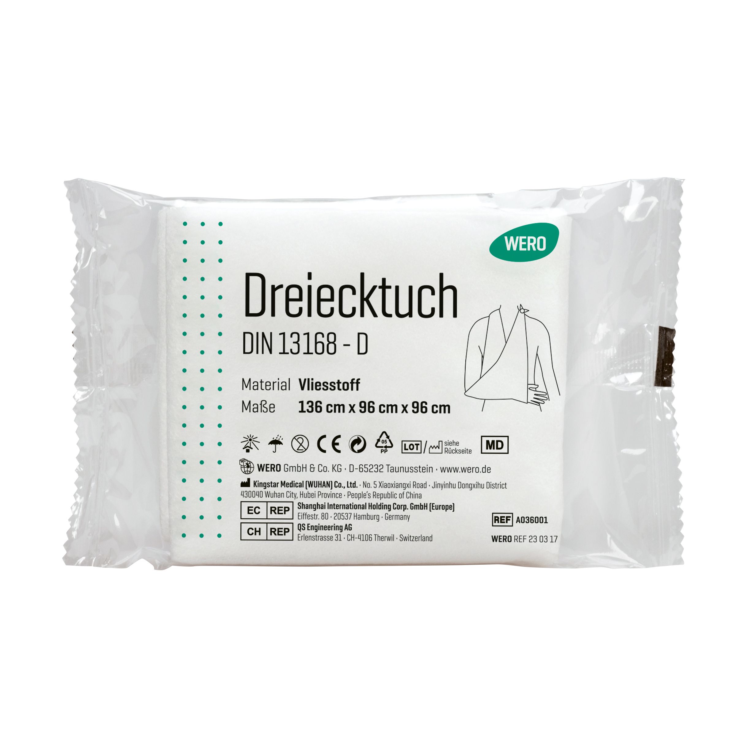 Verpacktes Dreiecktuch aus Vliesstoff. Maße: 136 cm x 96 cm x 96 cm. Mit CE-Kennzeichnung und MD-Symbol. Herstellerinformationen.