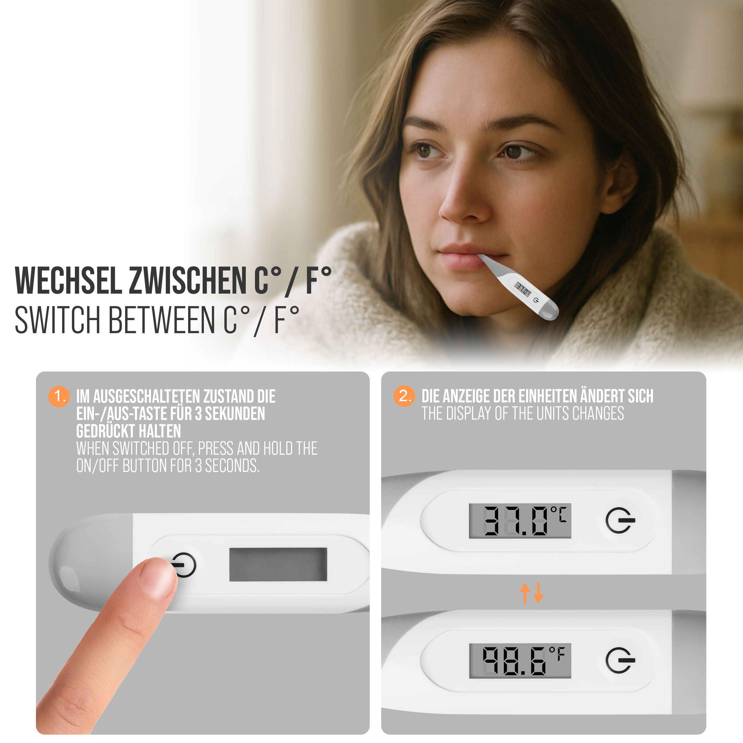Thermometer mit Display. Bedienung mit Ein-Aus-Taste. Anzeige wechselt zwischen °C und °F. Text: 'Wechsel zwischen C°/F°'.