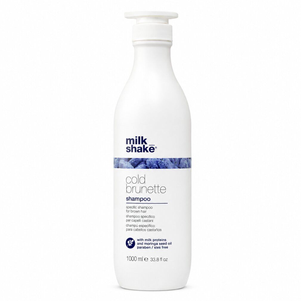 Weiße Pumpflasche mit Milk Shake Cold Brunette Shampoo für braunes Haar. Enthält 1000 ml.