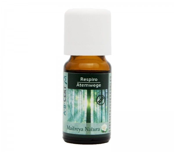 Braune Glasflasche mit weißem Deckel. Etikett mit Text: Respiro Atemwege, Maitreya Natura. BIO-Zertifizierung.