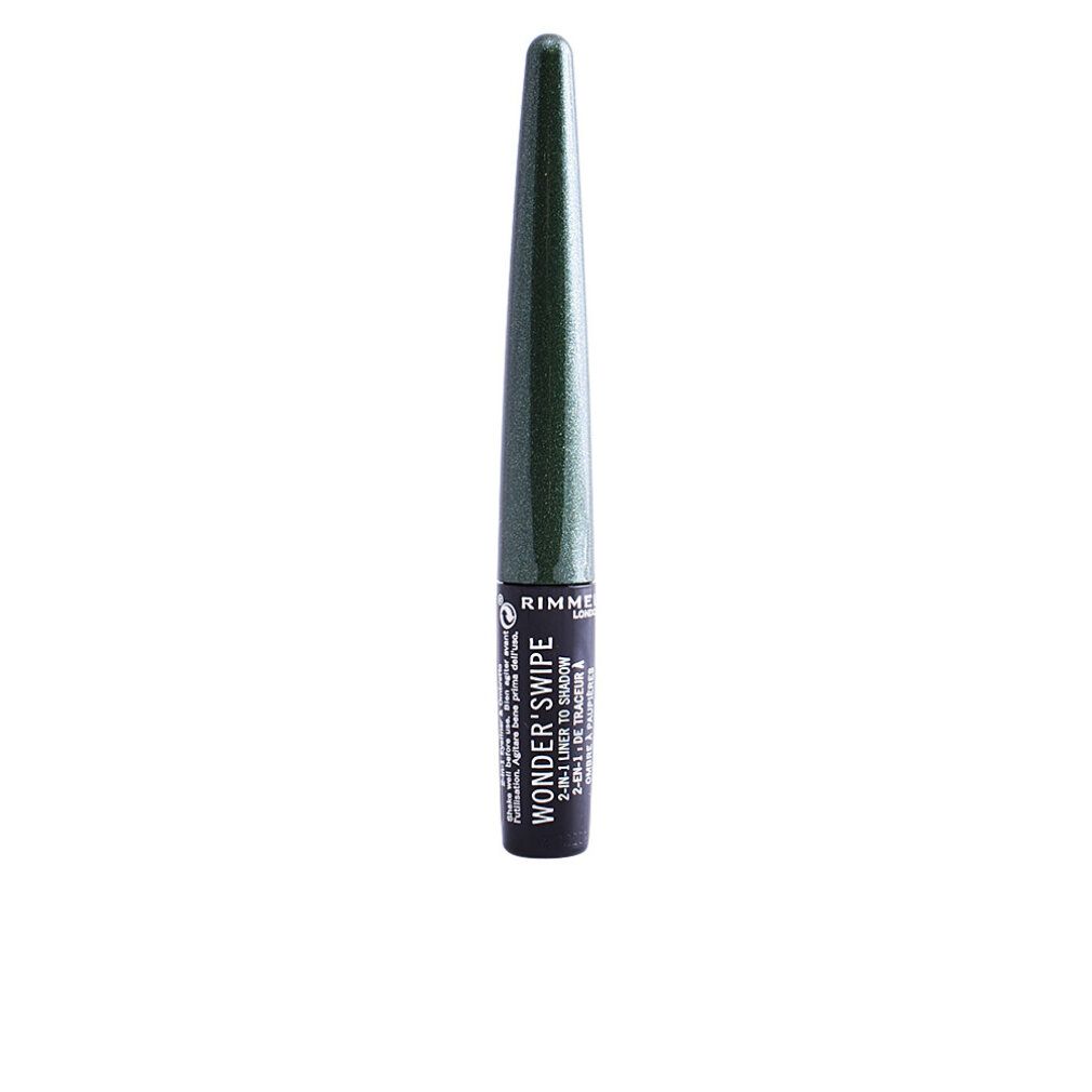 Eyeliner mit grünem Schimmer. Schwarze Schrift: Rimmel London, Wonder Swipe 2-in-1 Liner to Shadow.