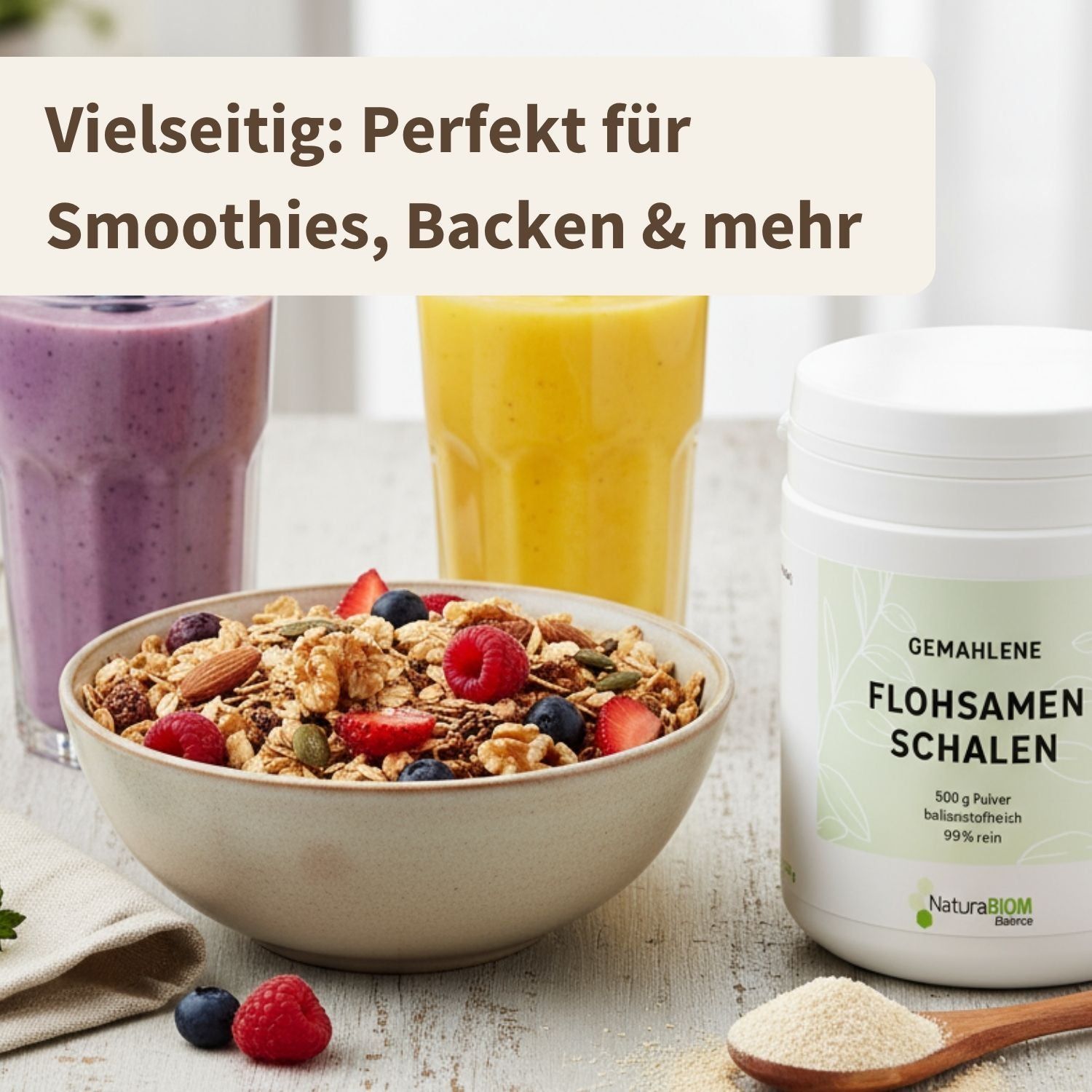 NaturaBIOM BIO Flohsamenschalen Pulver - ballaststoffreich, 99% Reinheit, glutenfrei, extra fein