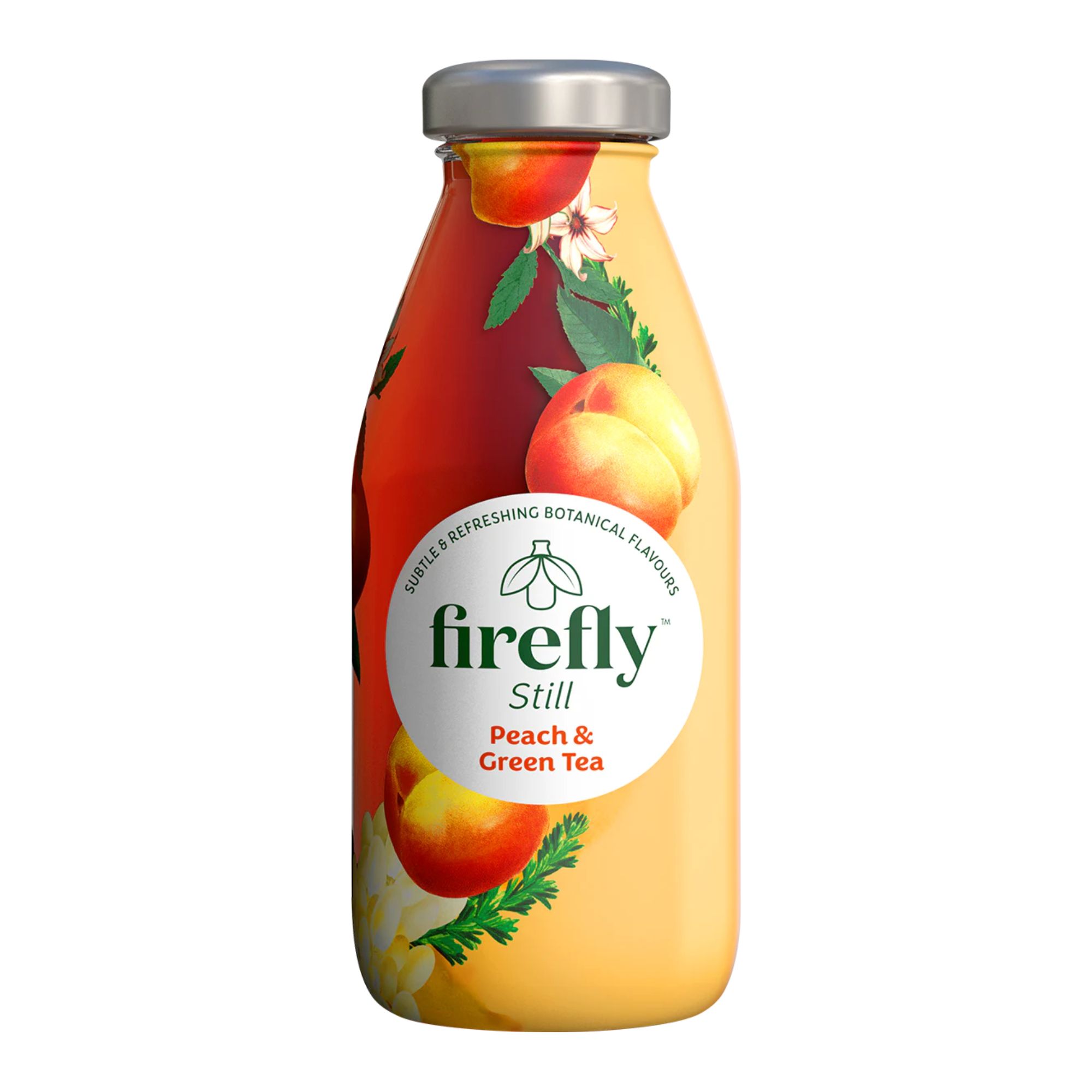 Glasflasche mit Etikett. Aufdruck: "Firefly Still Peach & Green Tea". Abbildung von Pfirsichen und Blättern.