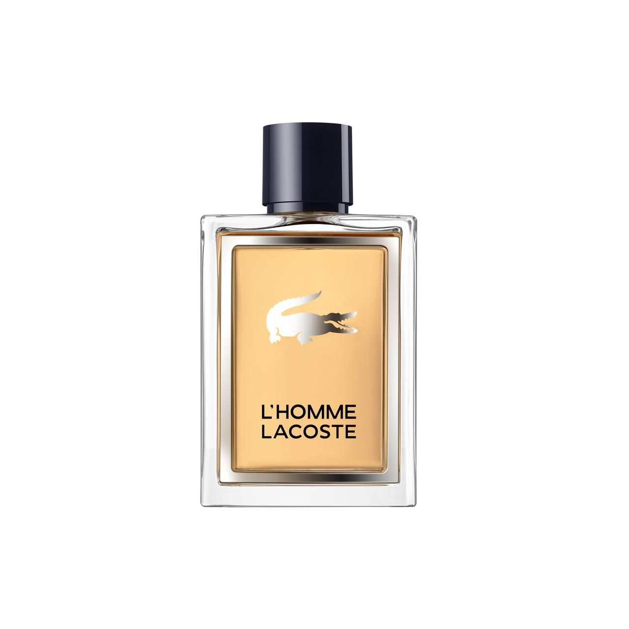 Rechteckiger Flakon mit schwarzem Verschluss. Aufschrift L'HOMME LACOSTE und Krokodil-Logo.